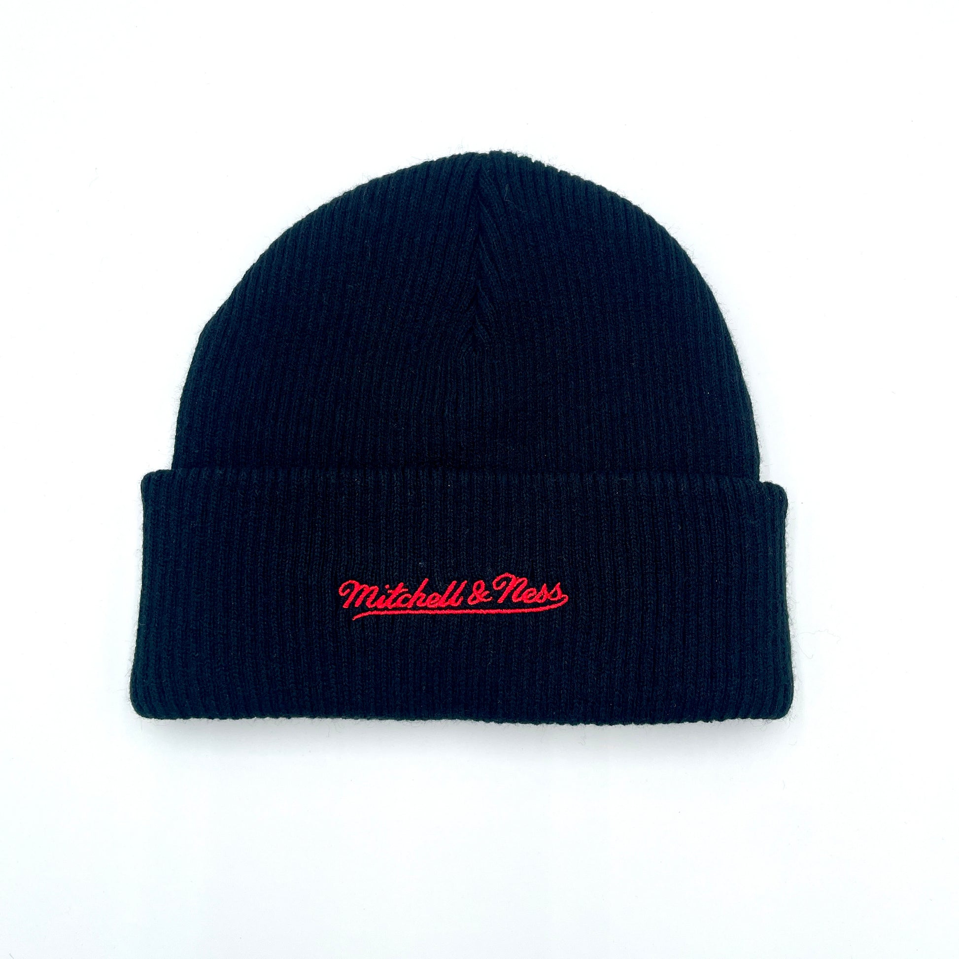 Back: Black cuffed knit with red Mitchell & Ness wordmark