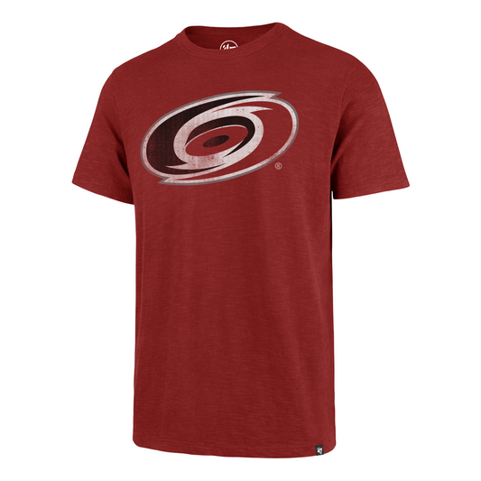 Red tee with Hurricanes primary logo on front in 47's 'Grit Scrum' style