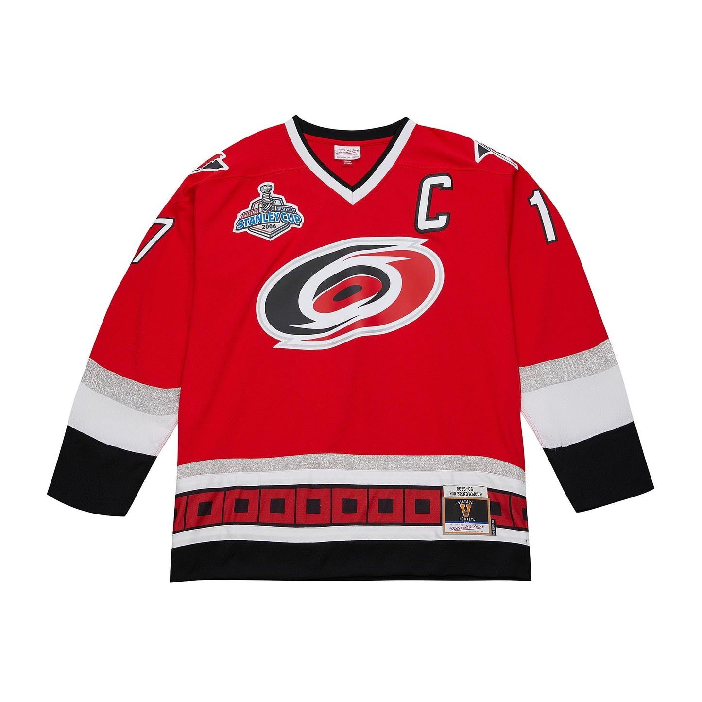 Hurricanes original red home jersey with 'C' captaincy and 2006 Stanley Cup Finals patch