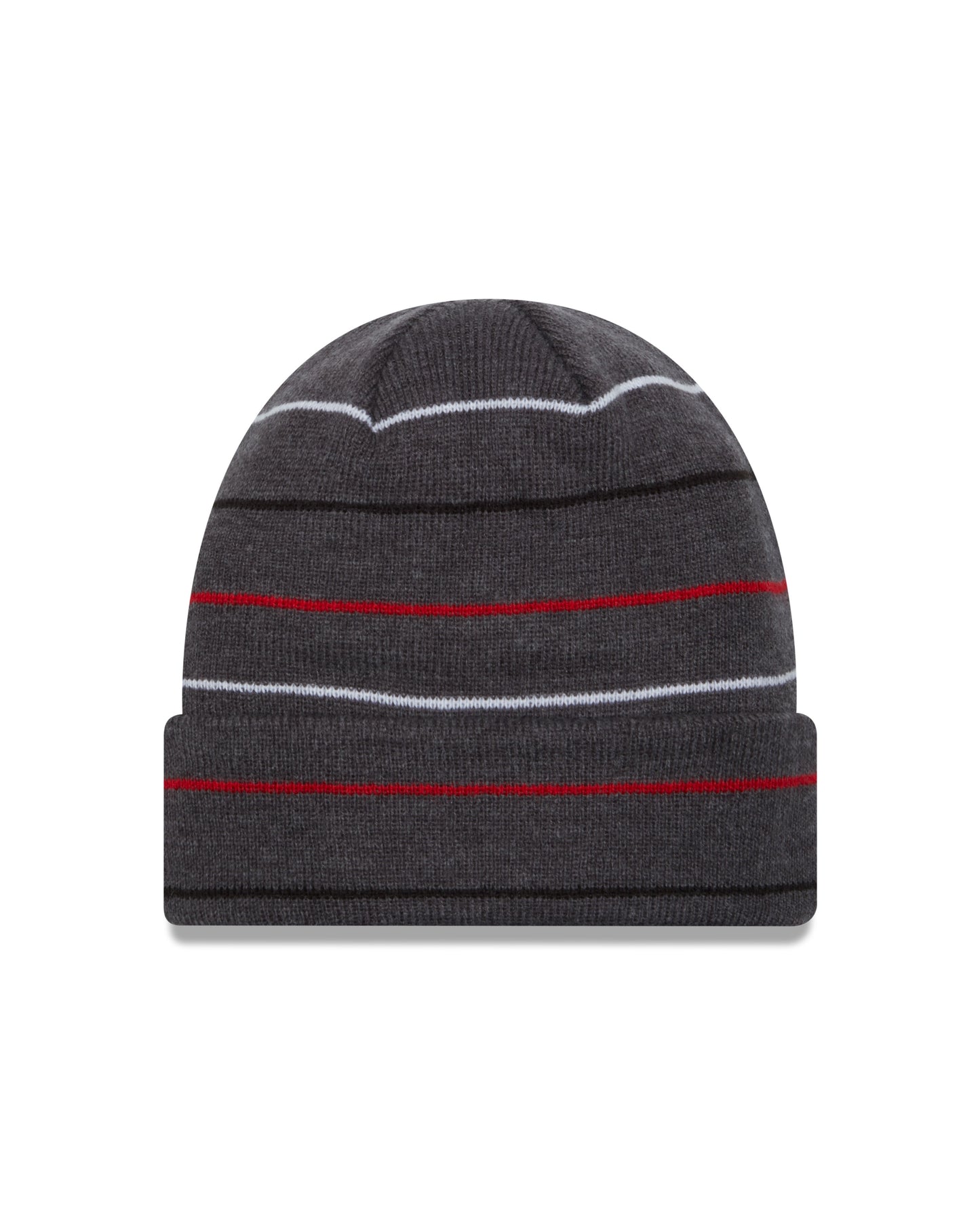 Back: Gray beanie with red white and black stripes