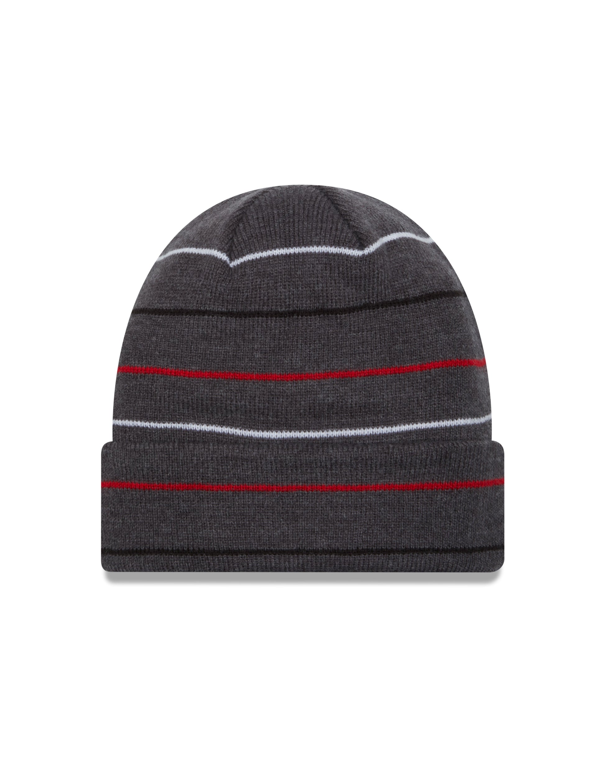 Back: Gray beanie with red white and black stripes