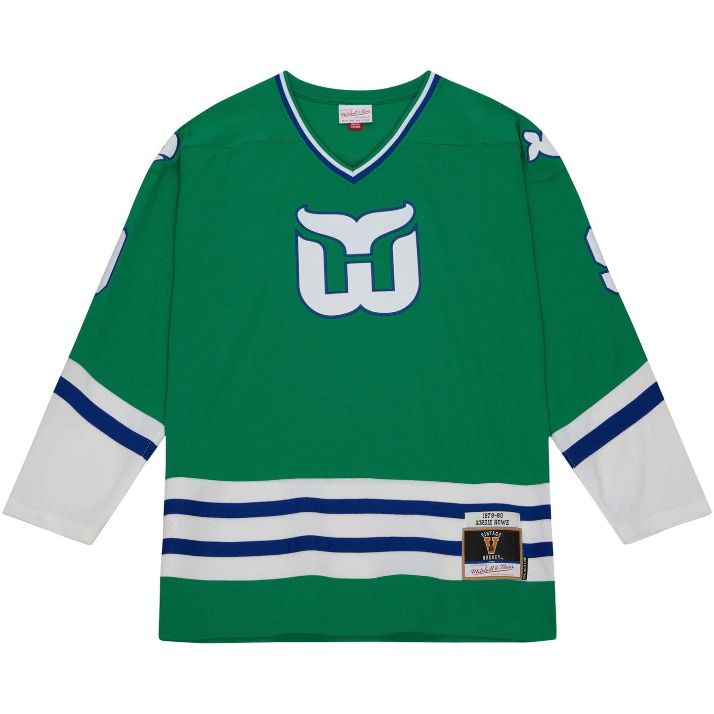 Front: Green Whalers jersey, white Whalers tail logo on front, Vintage Hockey tag at waist