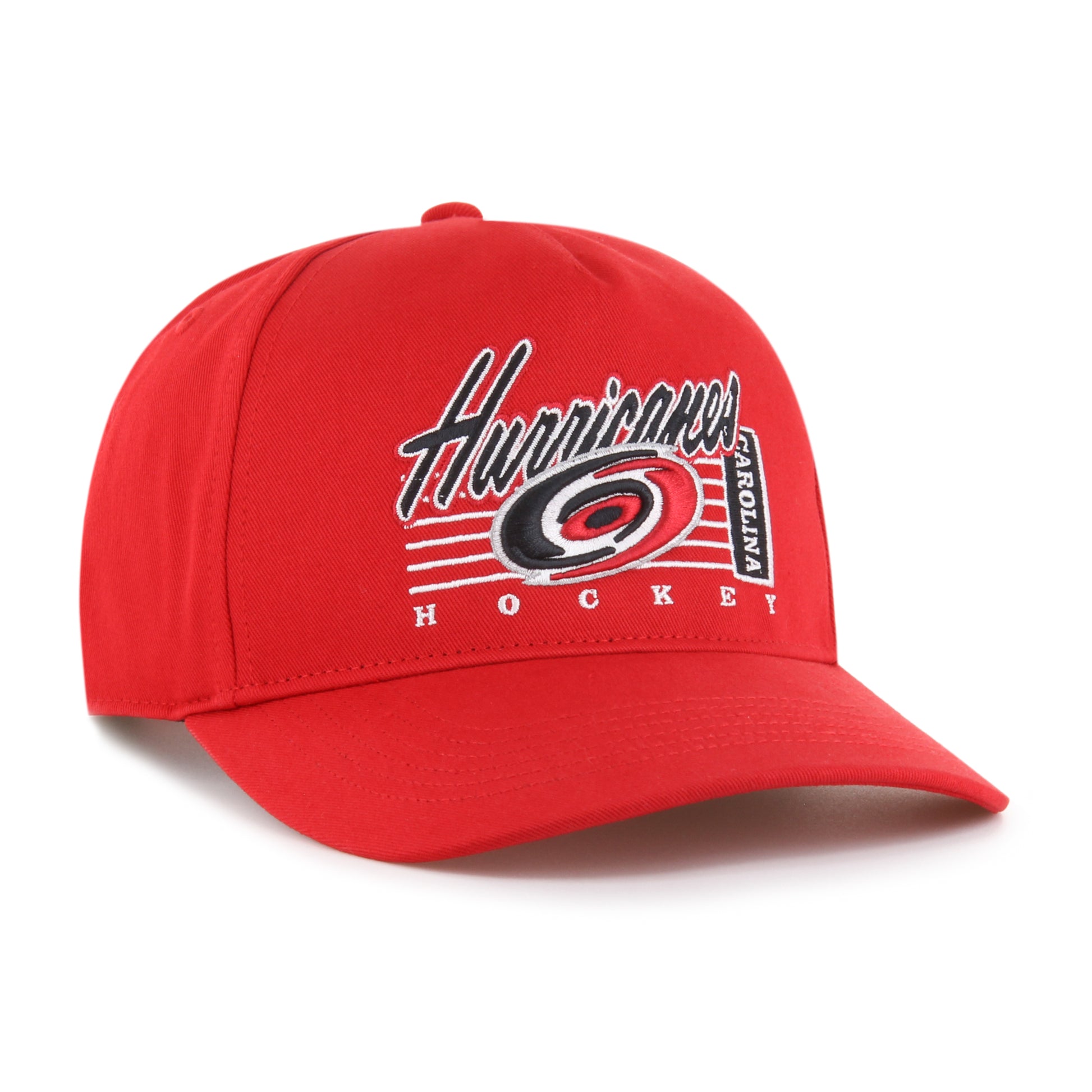 Front 2: Red hitched hat with Carolina Hurricanes Hockey graphic on front