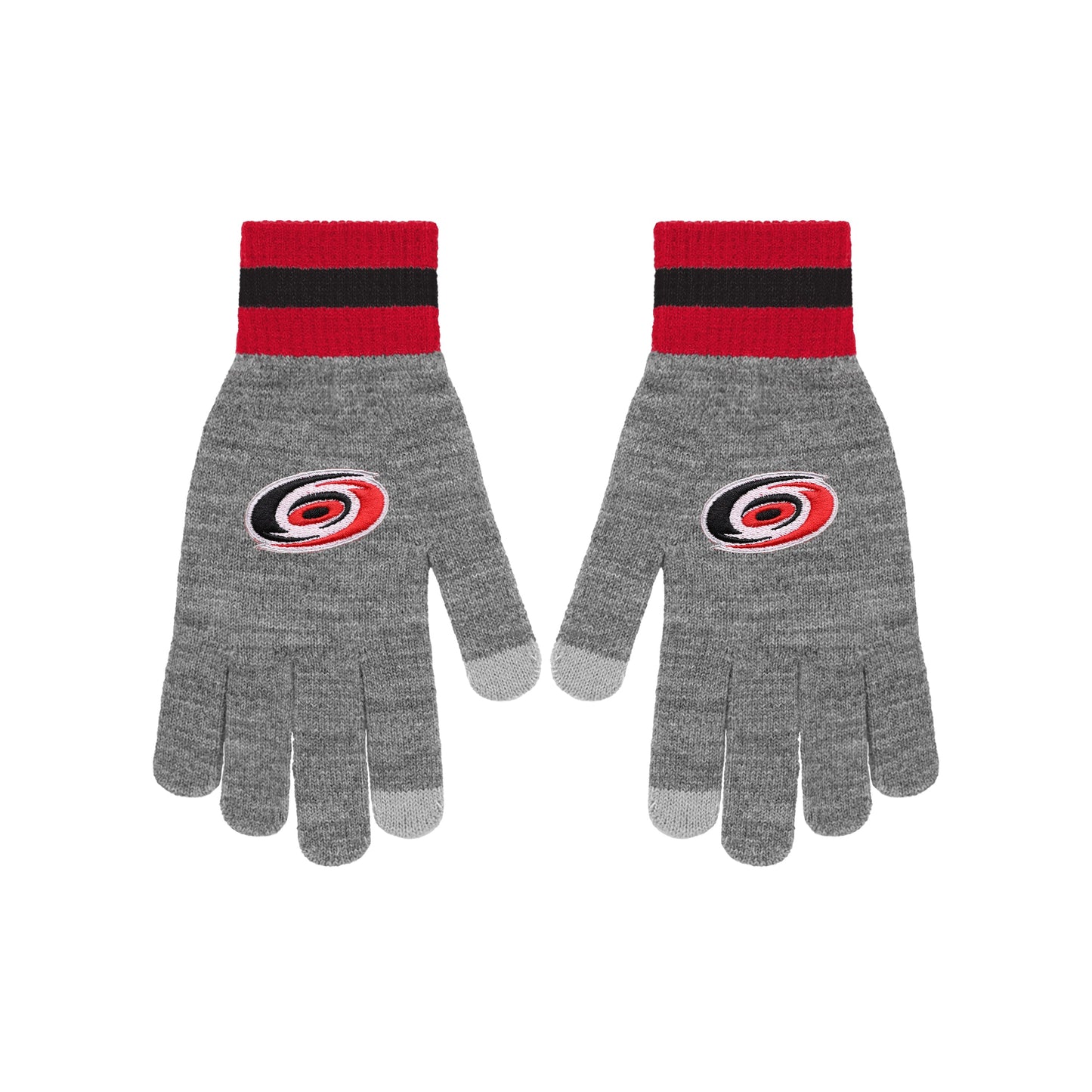 gray gloves with primary logo on back of hand, red and black striping at wrist