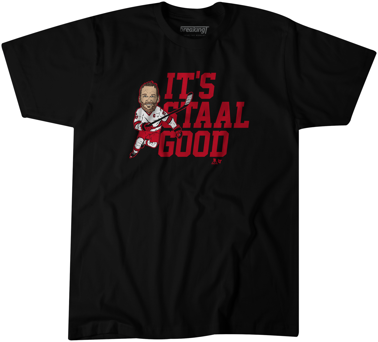 Black tee that says It's Staal Good in red with art of Jordan Staal to left of wording