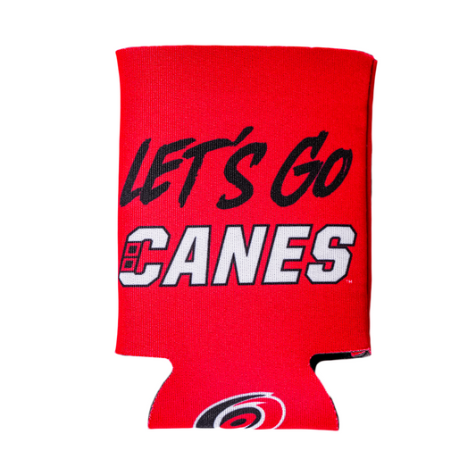 Koozie that says Let's Go in black, Canes wordmark beneath, primary logo on bottom