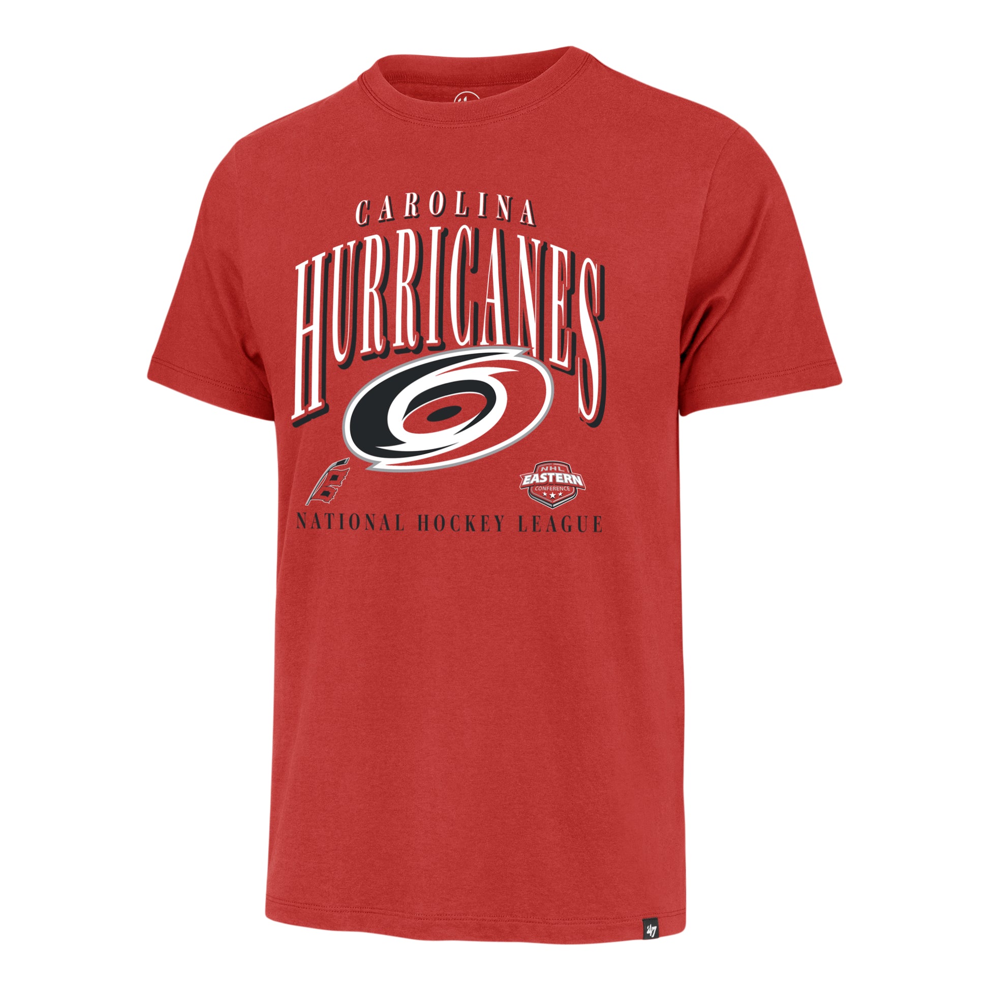 Front: Red tee with arched graphic saying Carolina Hurricanes with Hurricanes primary and flag logo