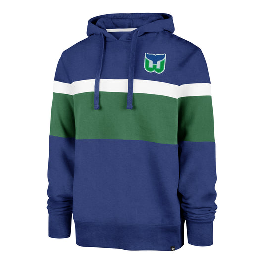 Front: Blue green and white hoodie with Whalers logo on left chest
