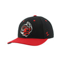 Front: Black hat, red brim, cartoon storm with warning flags logo on front