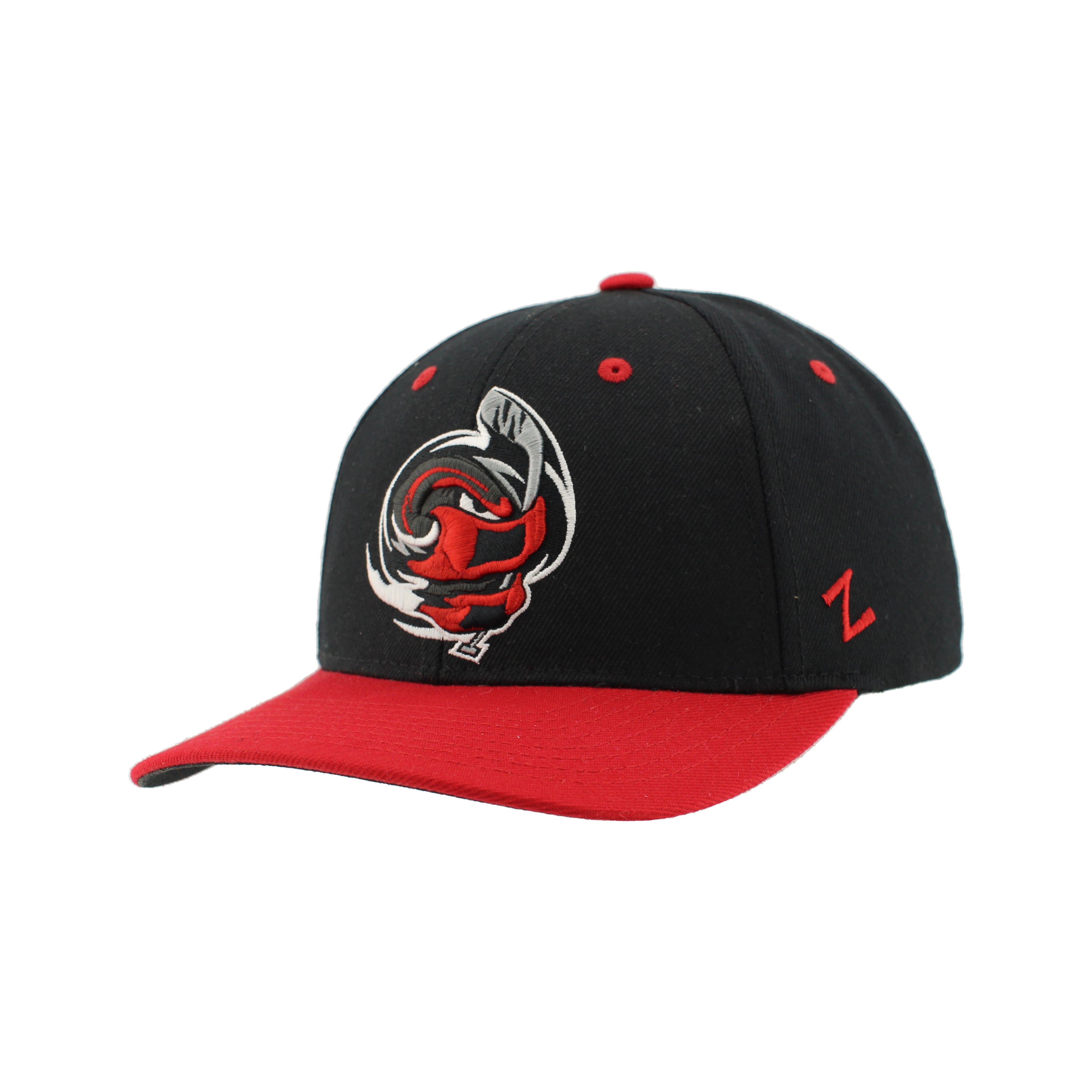 Front: Black hat, red brim, cartoon storm with warning flags logo on front