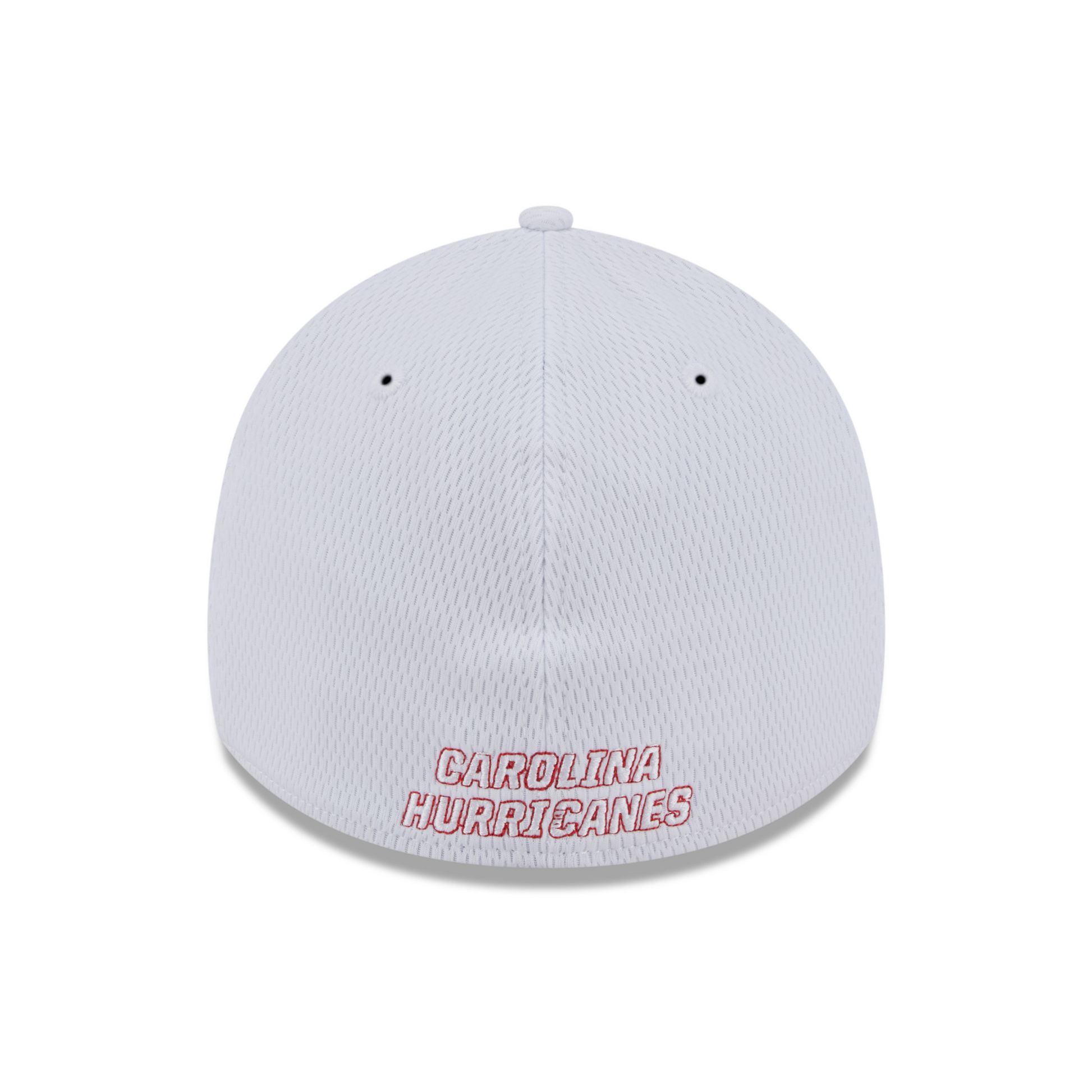 Back: White fitted hat, Carolina Hurricanes wordmark in white and red on back