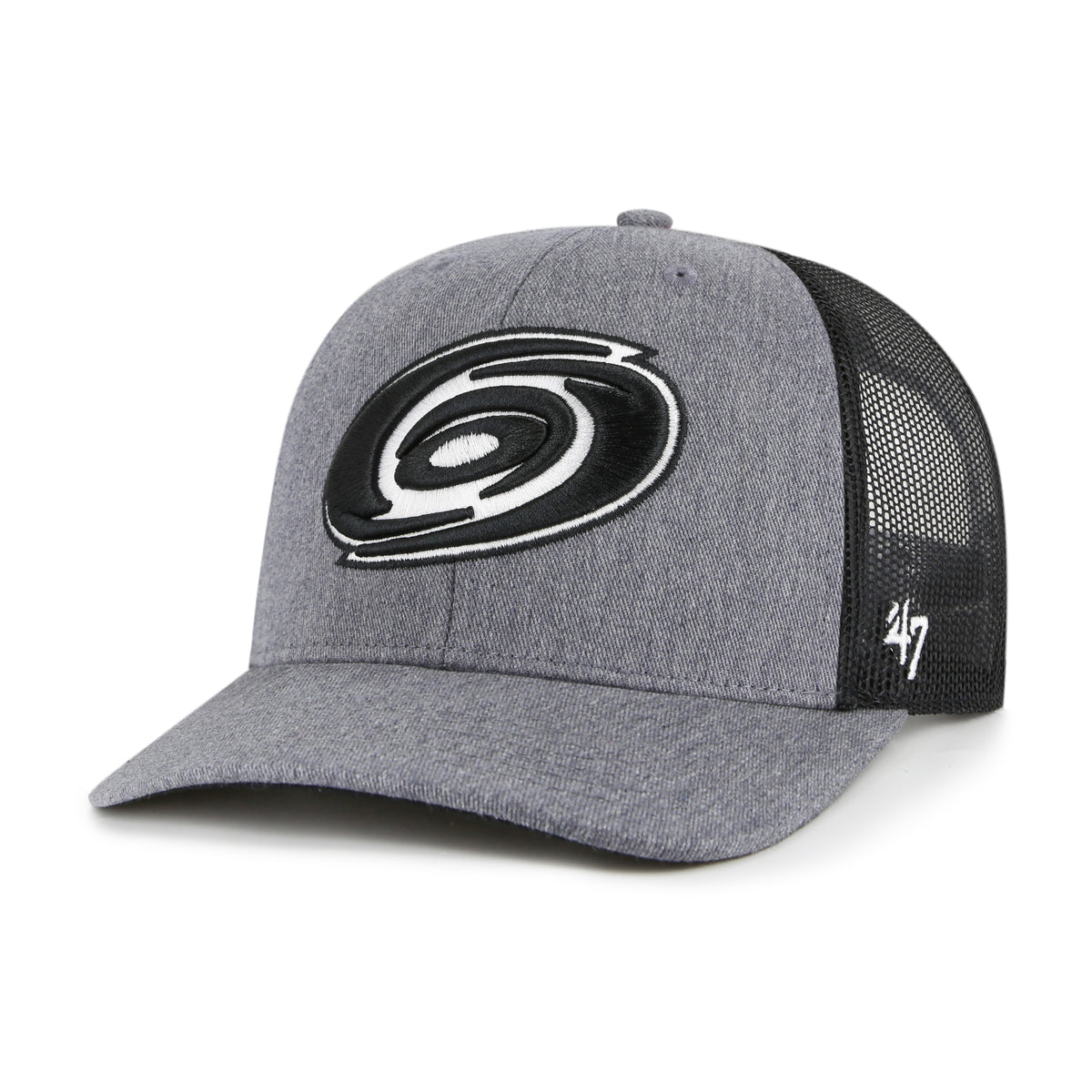 Front: Gray trucker hat, Black/white Primary logo on front, 47 logo on left side