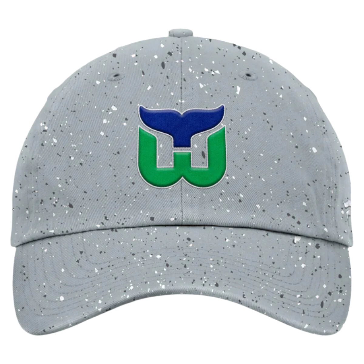 Front: Gray hat with white and gray speckles, Whalers logo on front