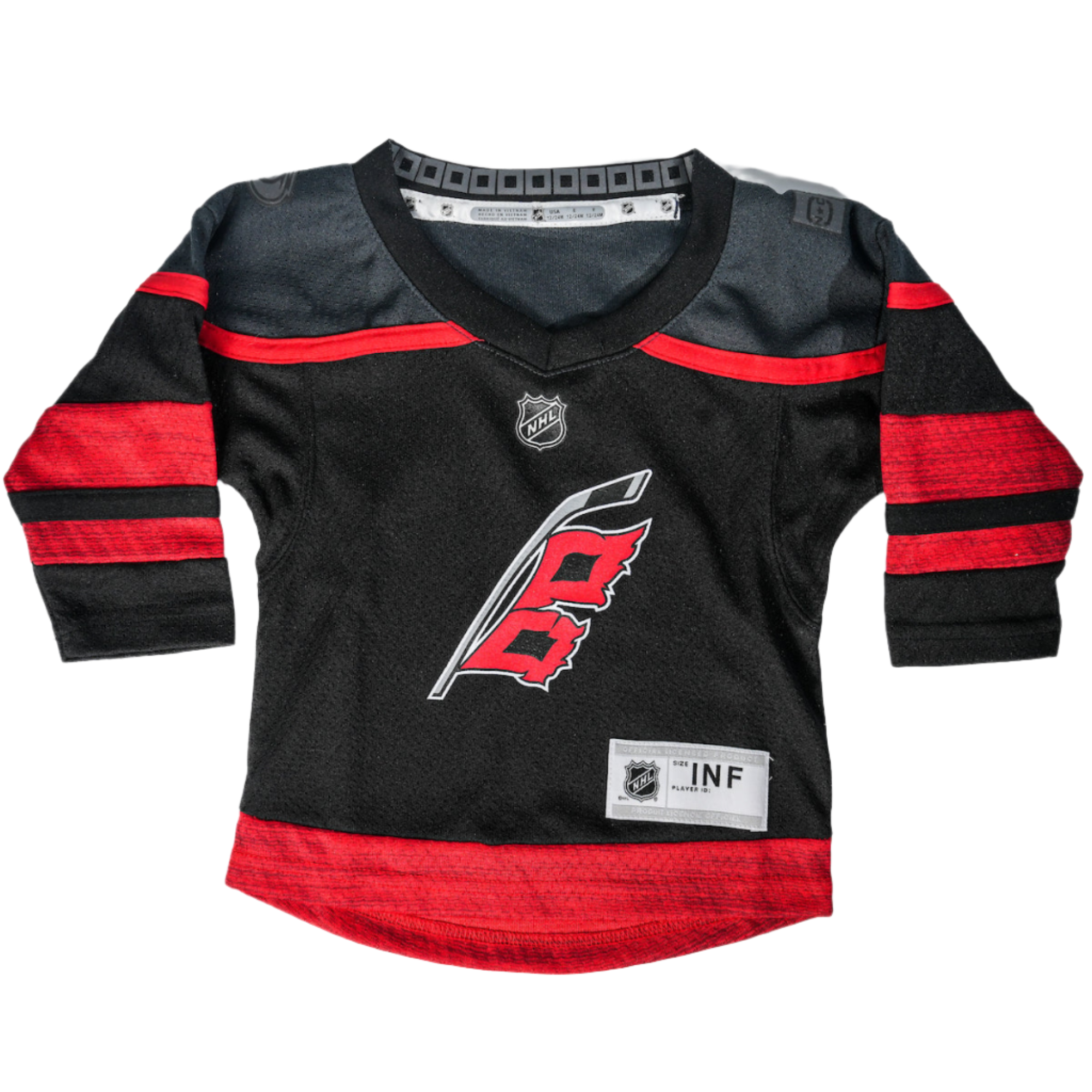 Front: black jersey with dark gray shoulders and red trim, Flags logo on front