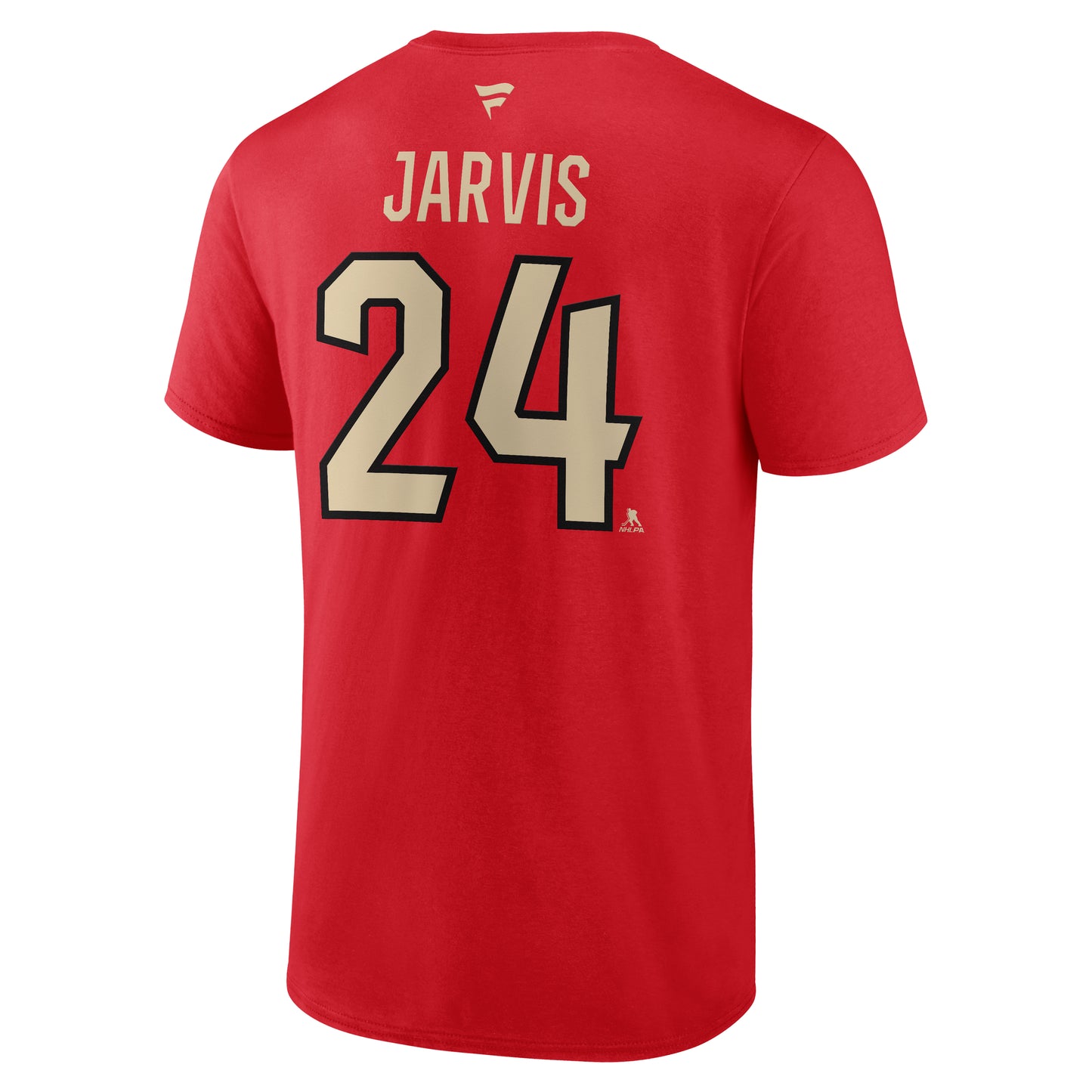 Back: Red tee with black and tan lettering, says Jarvis 24 with Fanatics logo