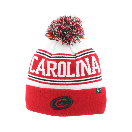 White beanie red cuff with pom, "CAROLINA" across beanie, tonal logo on cuff