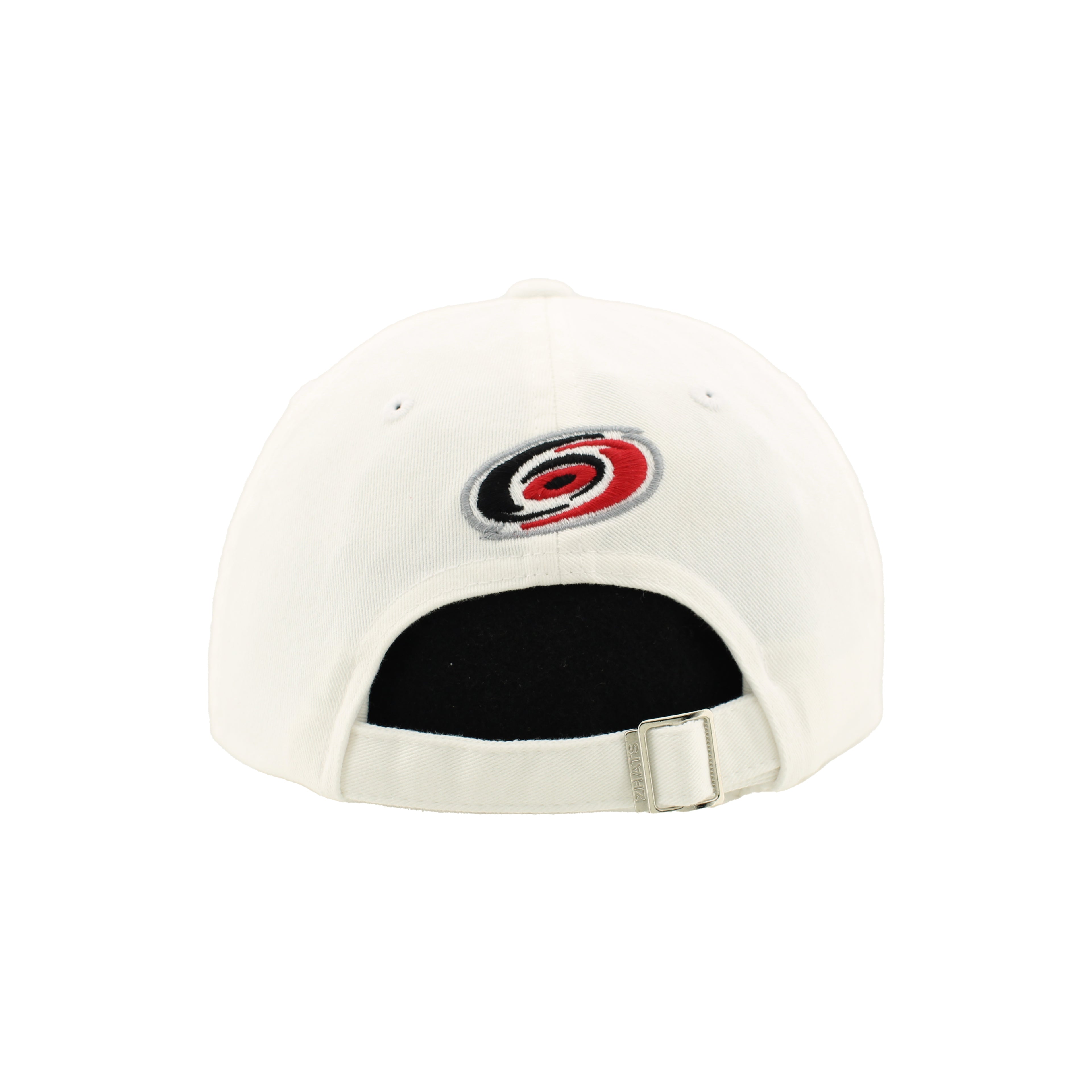 Back: White hat with adjustable strap and metal clasp, Hurricanes primary logo above strap
