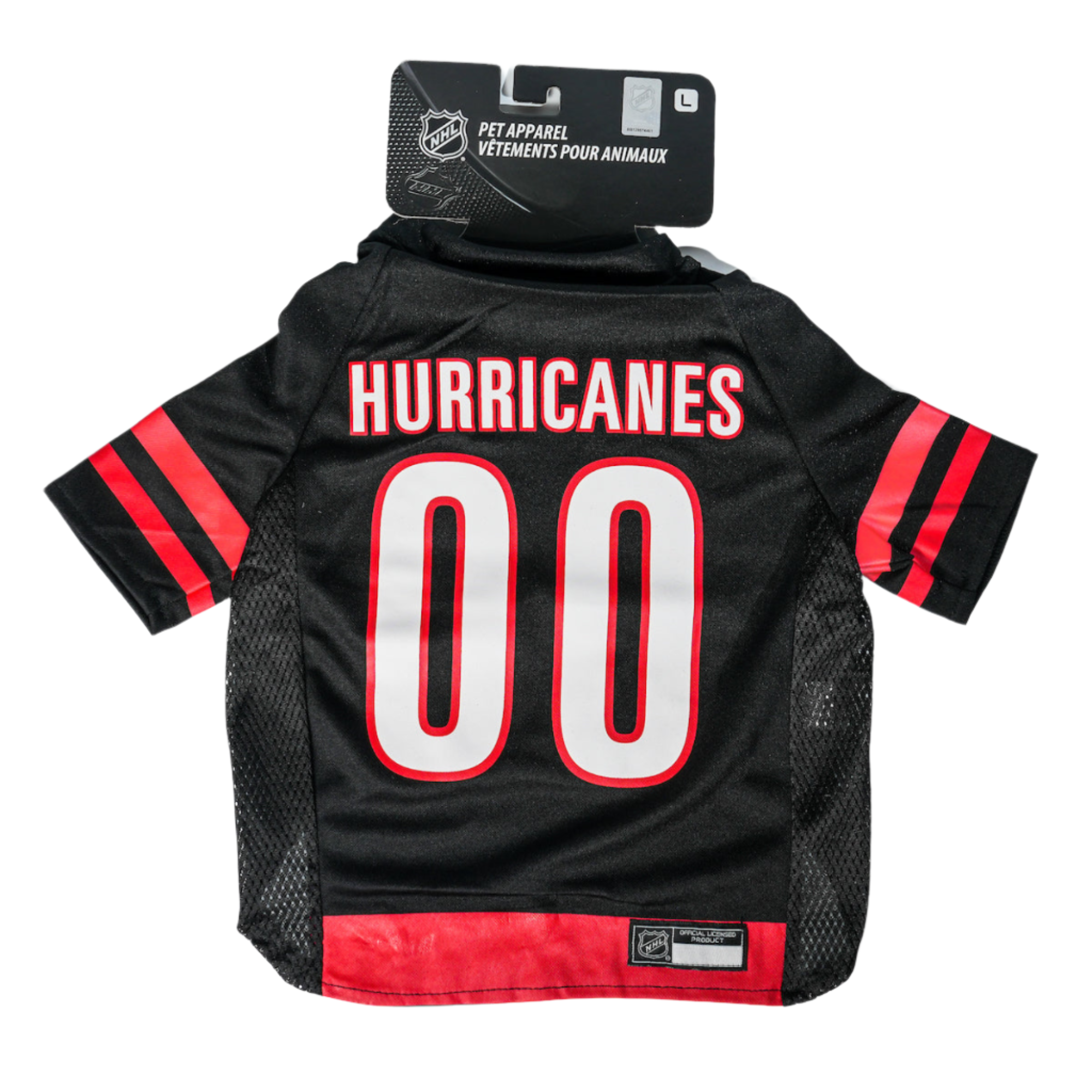 Black and red dog jersey that says Hurricanes 00