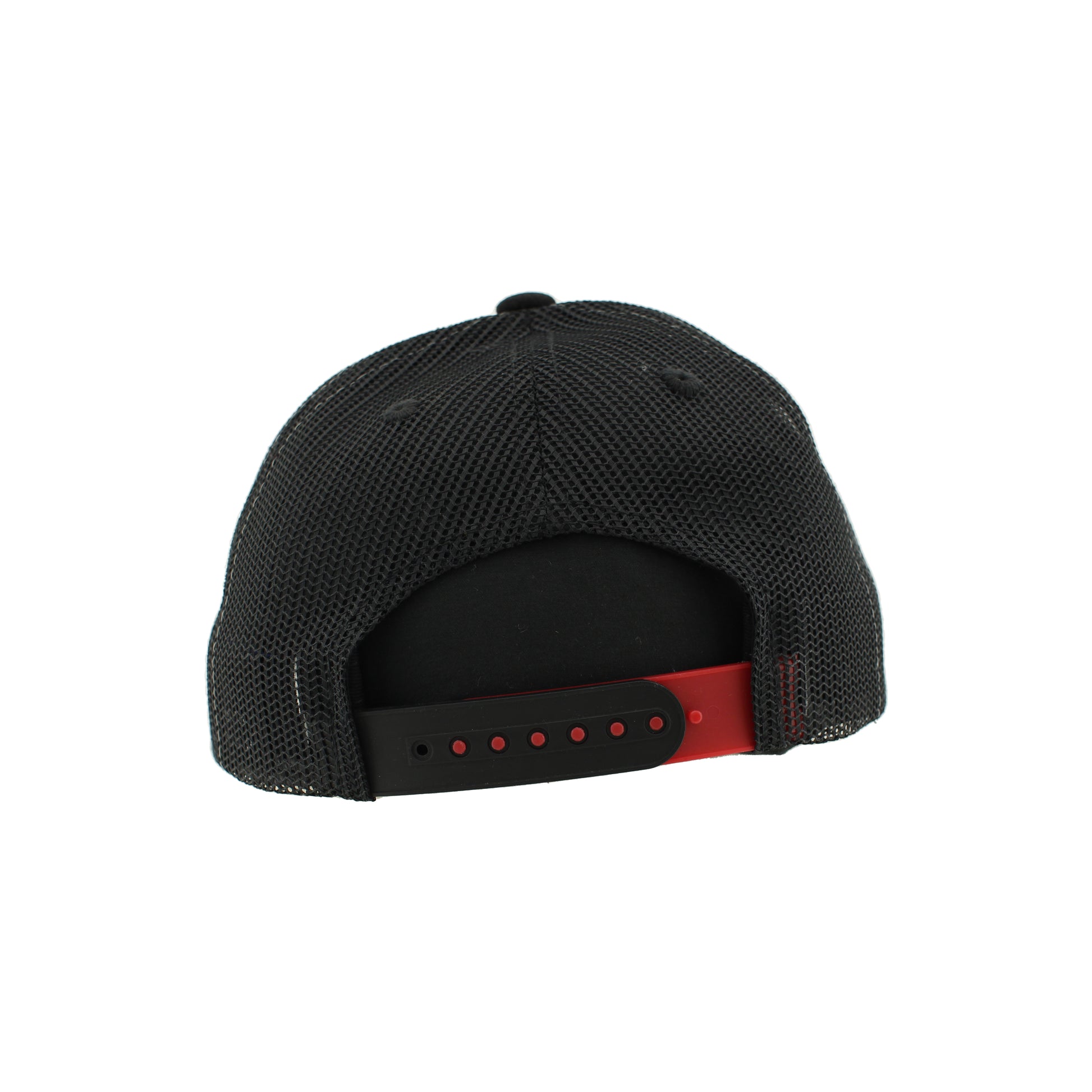 Back: Black hat with black and red adjustable snapbacks