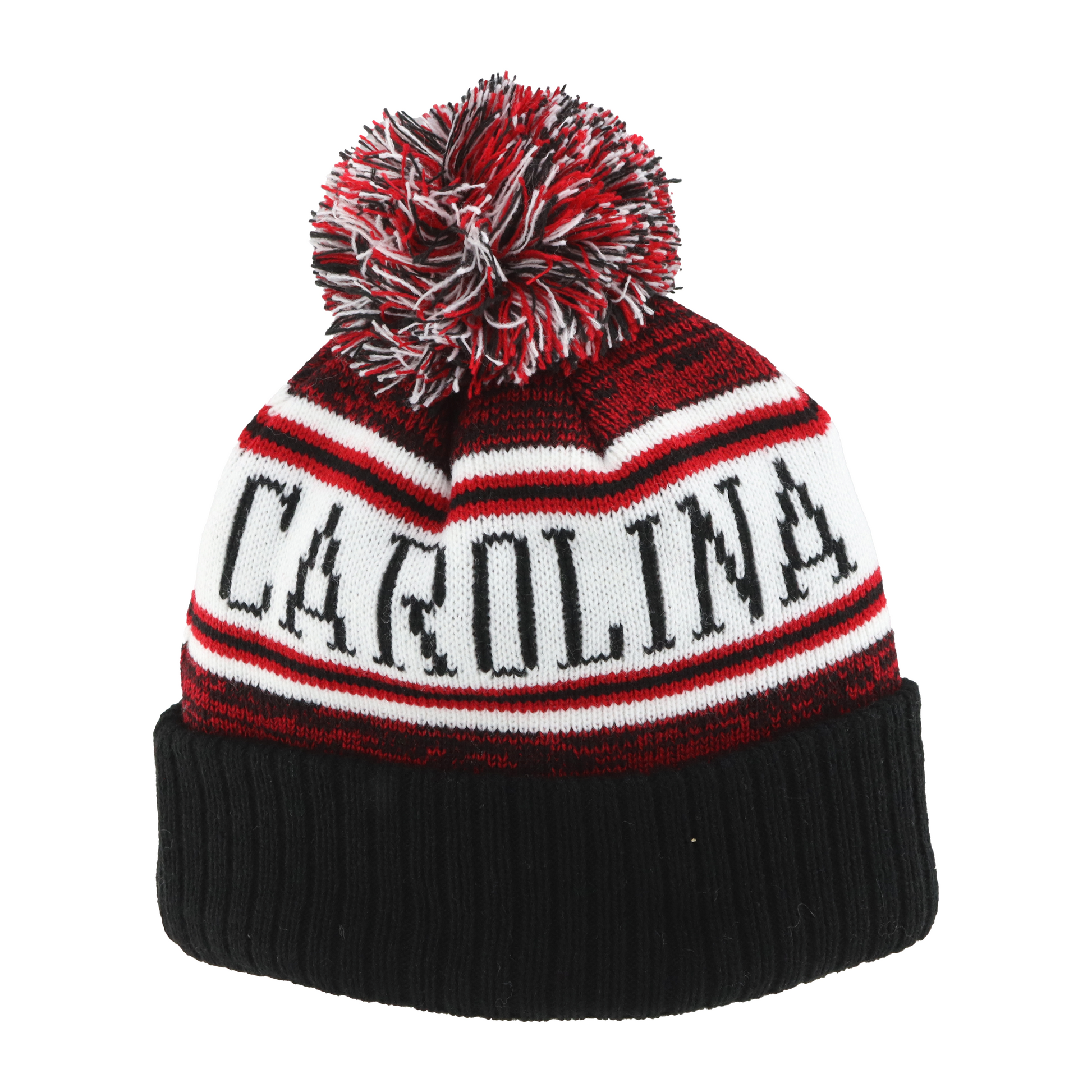 Front: Red, black and white cuffed pom knit, tri-colored pom, Carolina across back