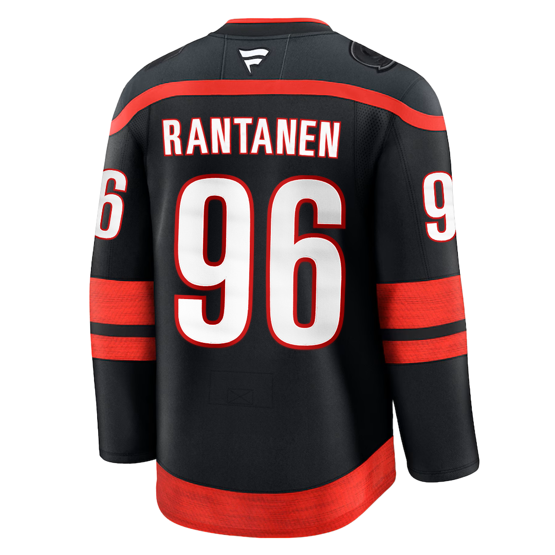 Back: Hurricanes black jersey, says "Rantanen" and "96" in white and red lettering