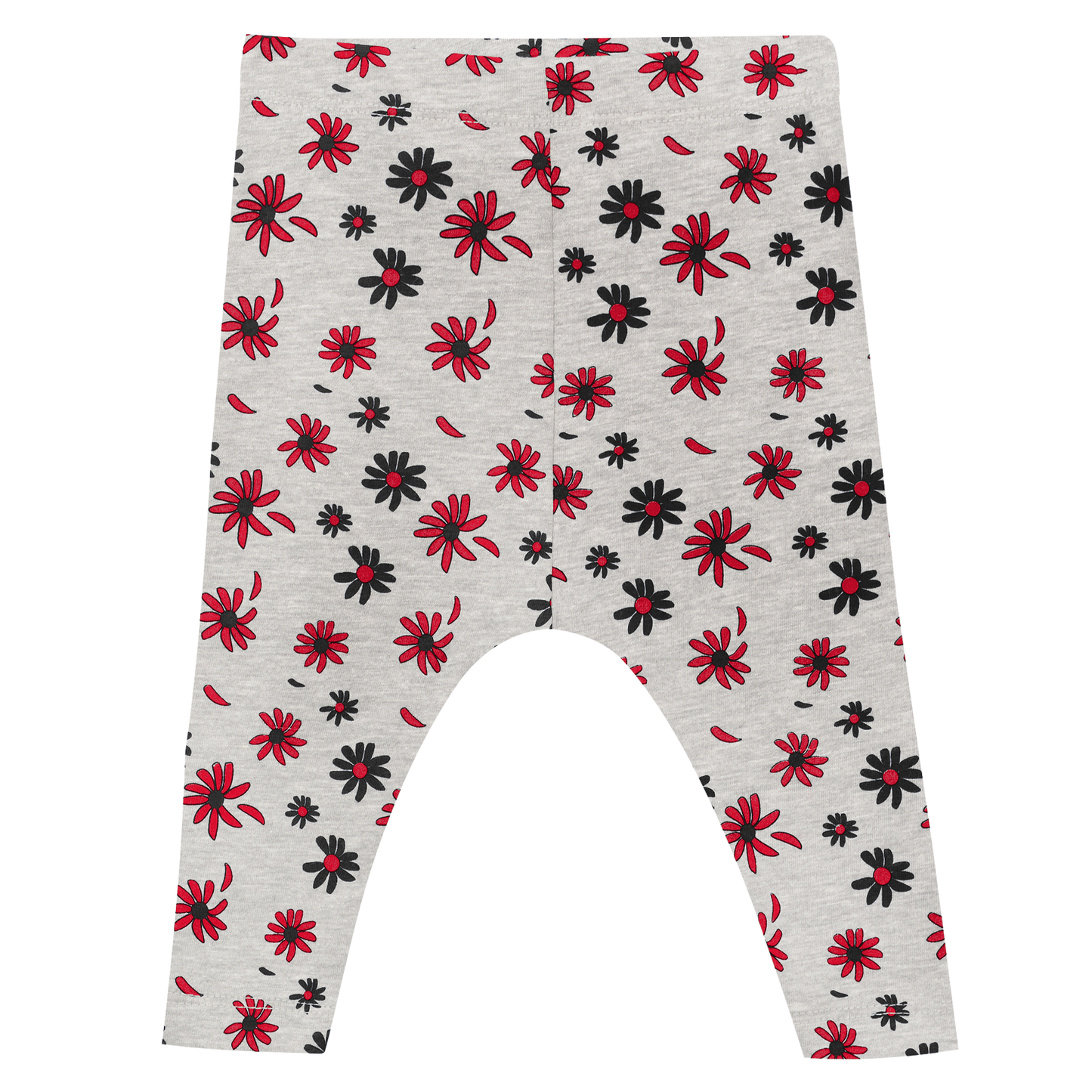 Gray pants with red and black floral pattern