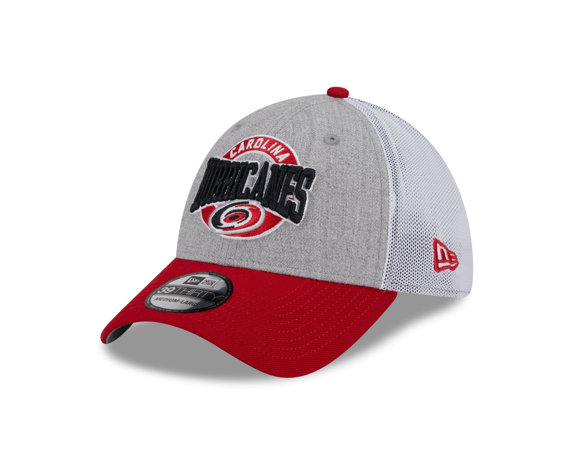 Gray and red hat with white mesh back, Carolina Hurricanes design on front