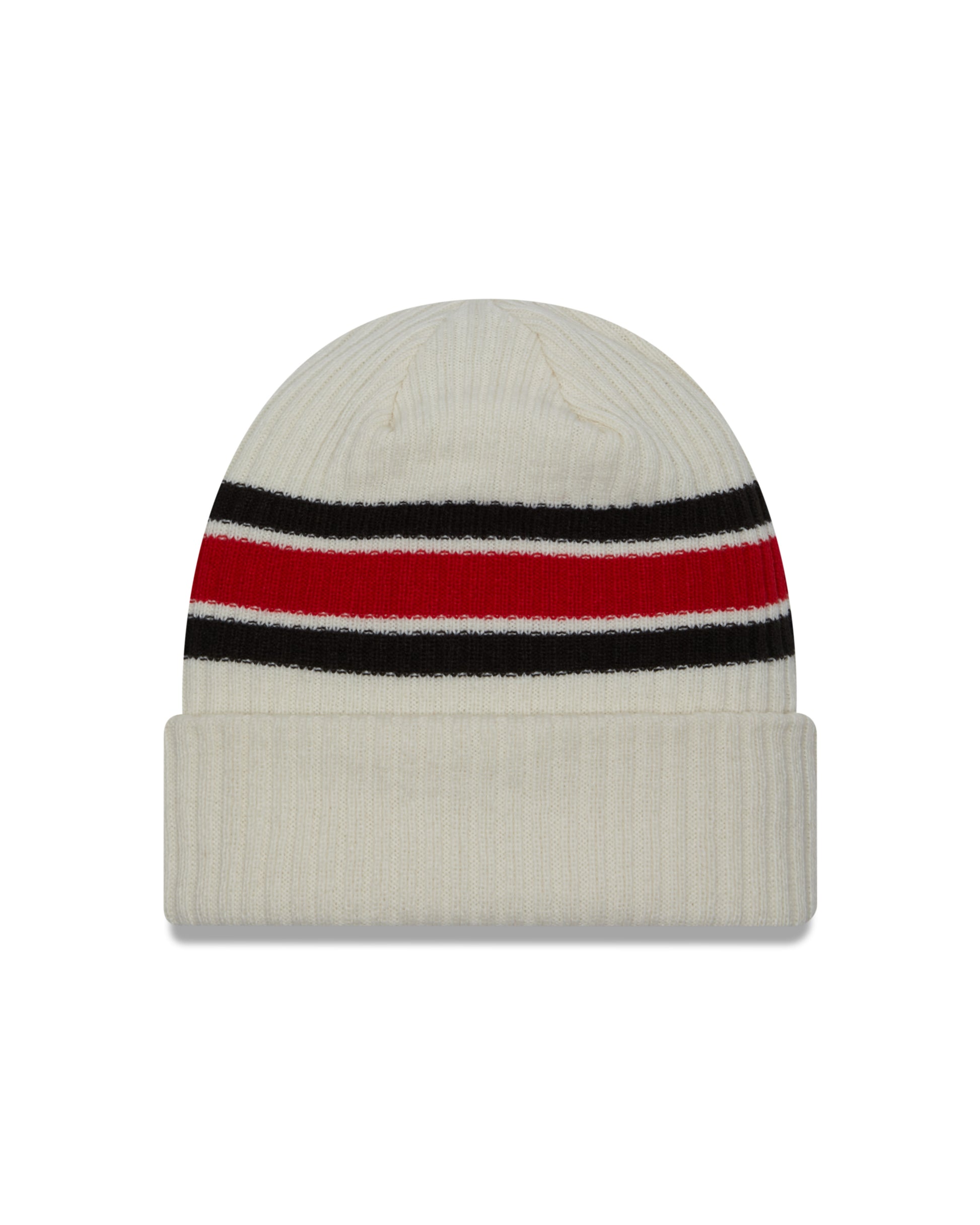 Back: White cuffed beanie with black and red striping