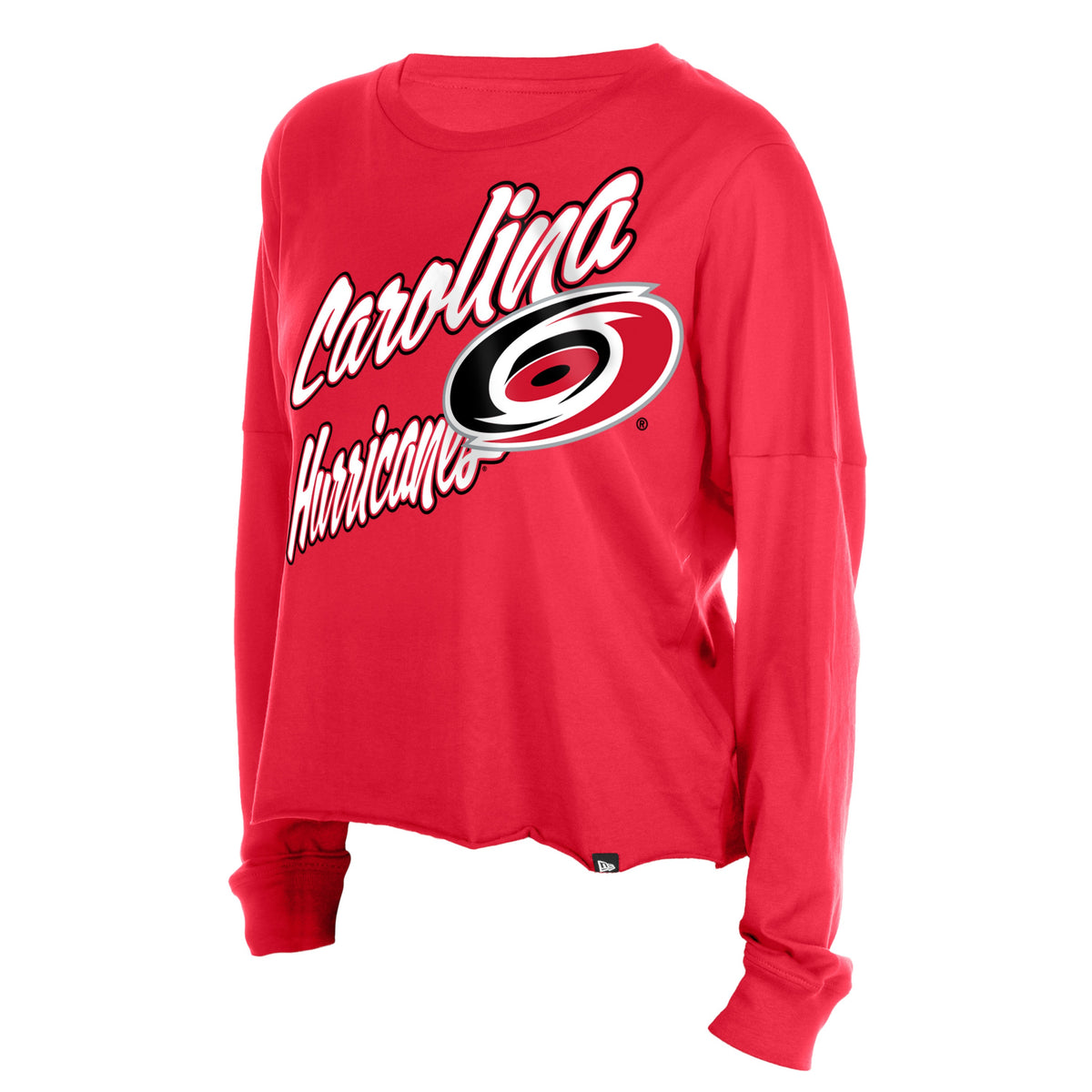 Front: Red longsleeve, "Carolina Hurricanes" in white cursive diagonally with Primary logo