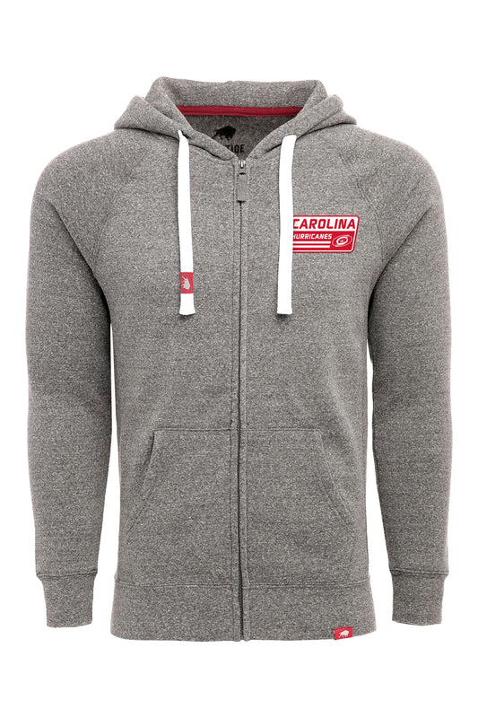 Gray full zip hoodie with white strings, red and white rectangular Hurricanes patch on left chest