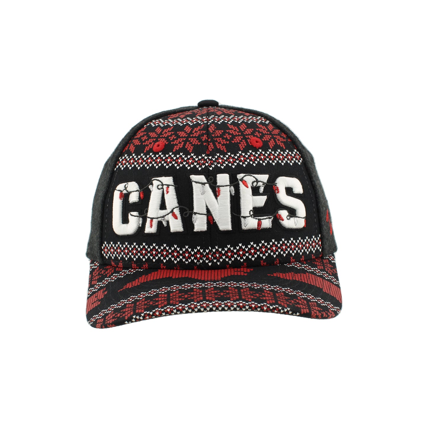 Front: Black hat with festive Christmas sweater pattern, “CANES” in white wrapped in Christmas lights