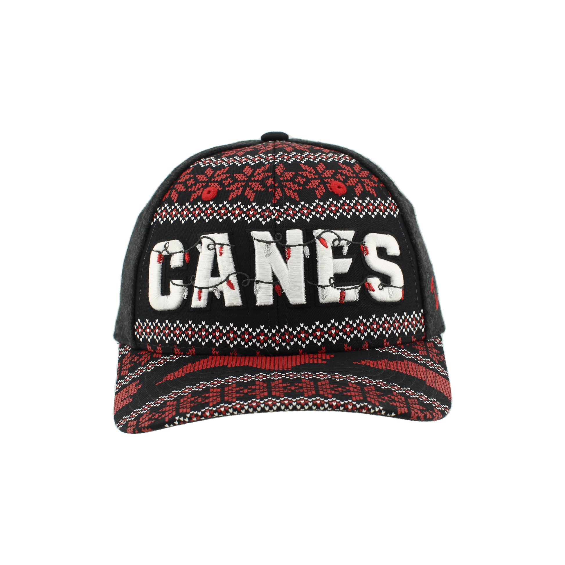Front: Black hat with festive Christmas sweater pattern, “CANES” in white wrapped in Christmas lights