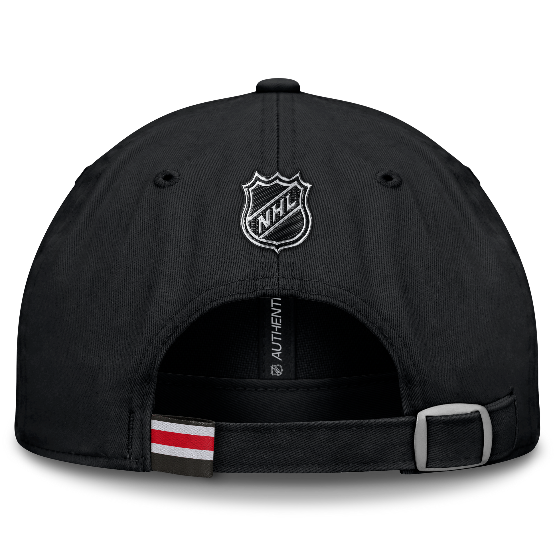 Back: Black hat with adjustable clasp, Canes colorway tag on strap, NHL shield above strap