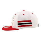Left: Red eyelets and crown, red white and black striping rectangle on left and right sides