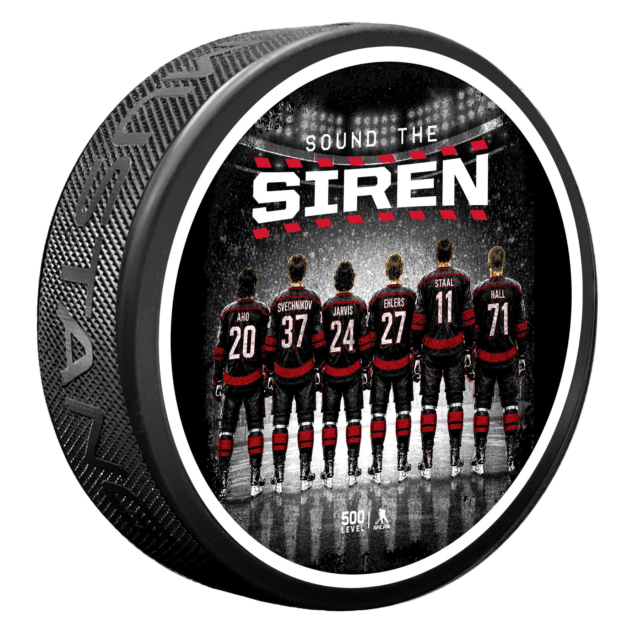 Puck with art of 6 Hurricanes standing at blueline, "SOUND THE SIREN" wordmark above skaters