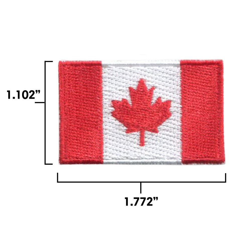 velcro patch of the Canadian National Flag with measurements for size (1.102" by 1.772")