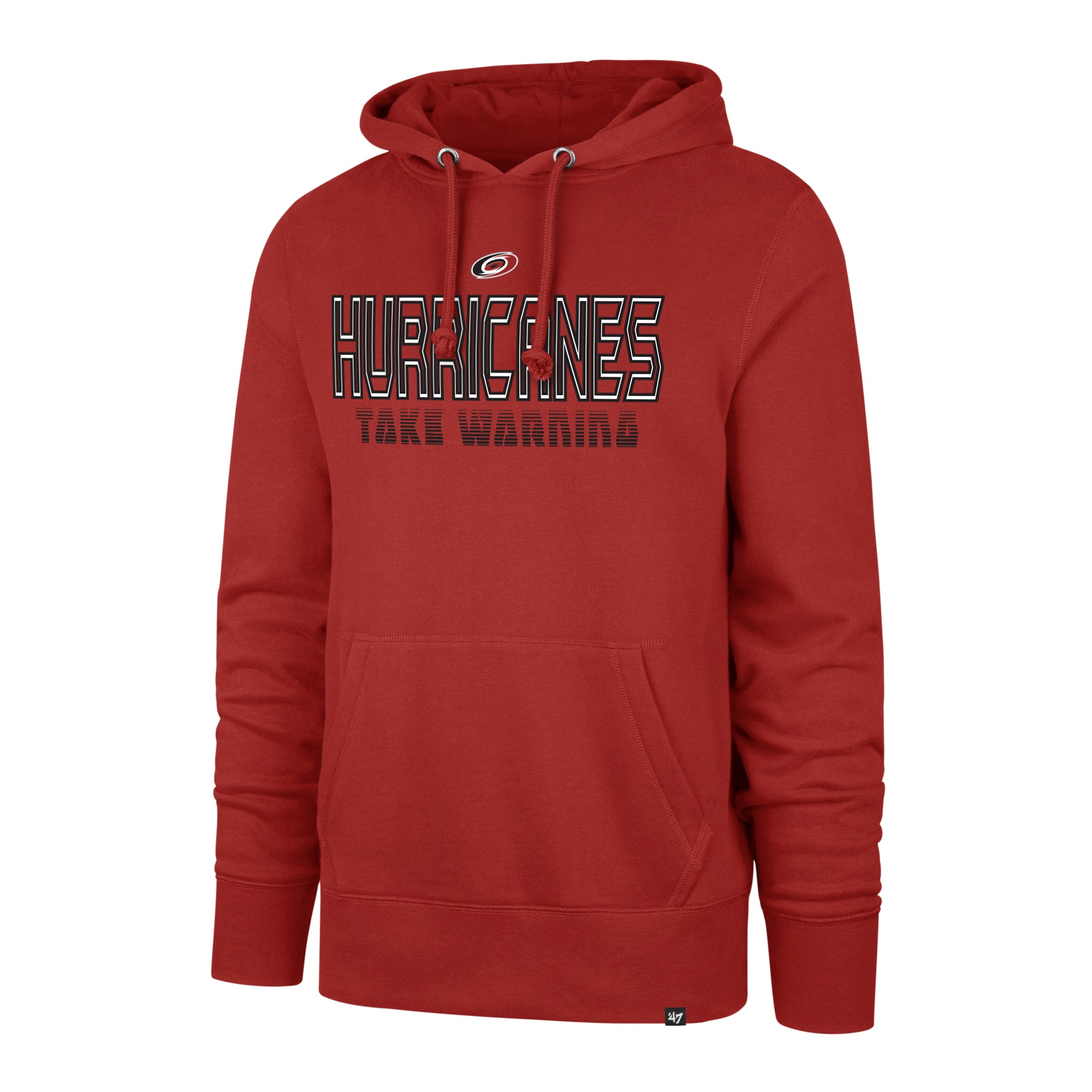Front: Red hooie, "HURRICANES TAKE WARNING" in black with small Primary logo across chest
