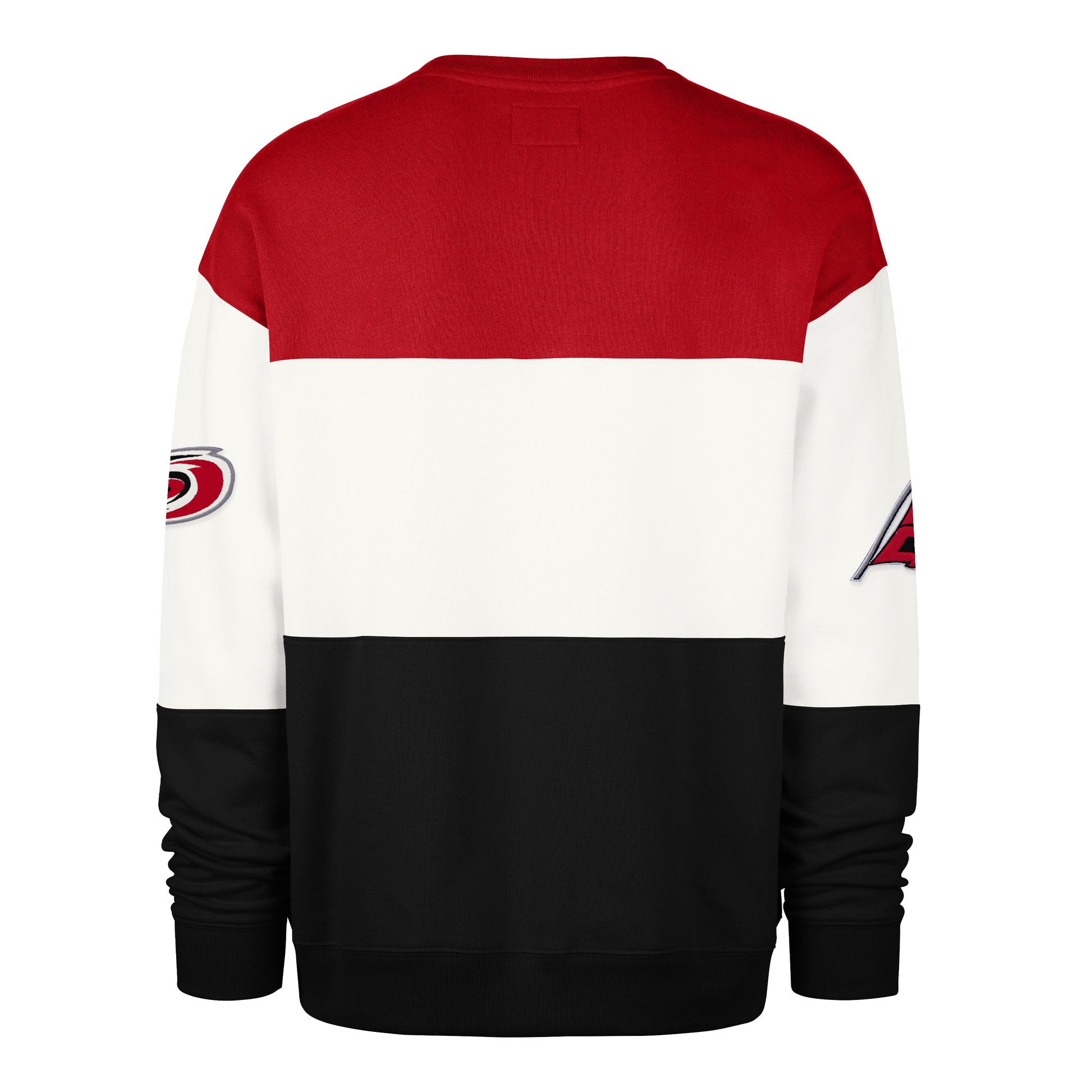 Back: Red, white, black crew; Primary logo on left sleeve, Flags logo on right