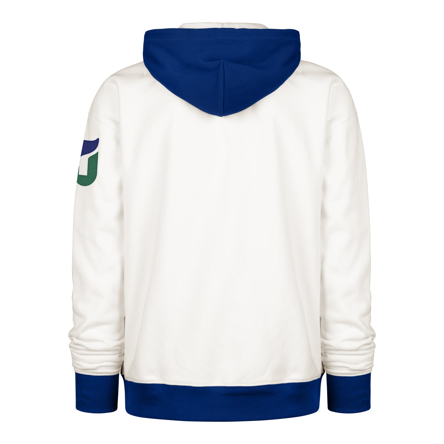 Back: Blue hoodie, waist, and wrists; Whalers tail logo on left sleeve