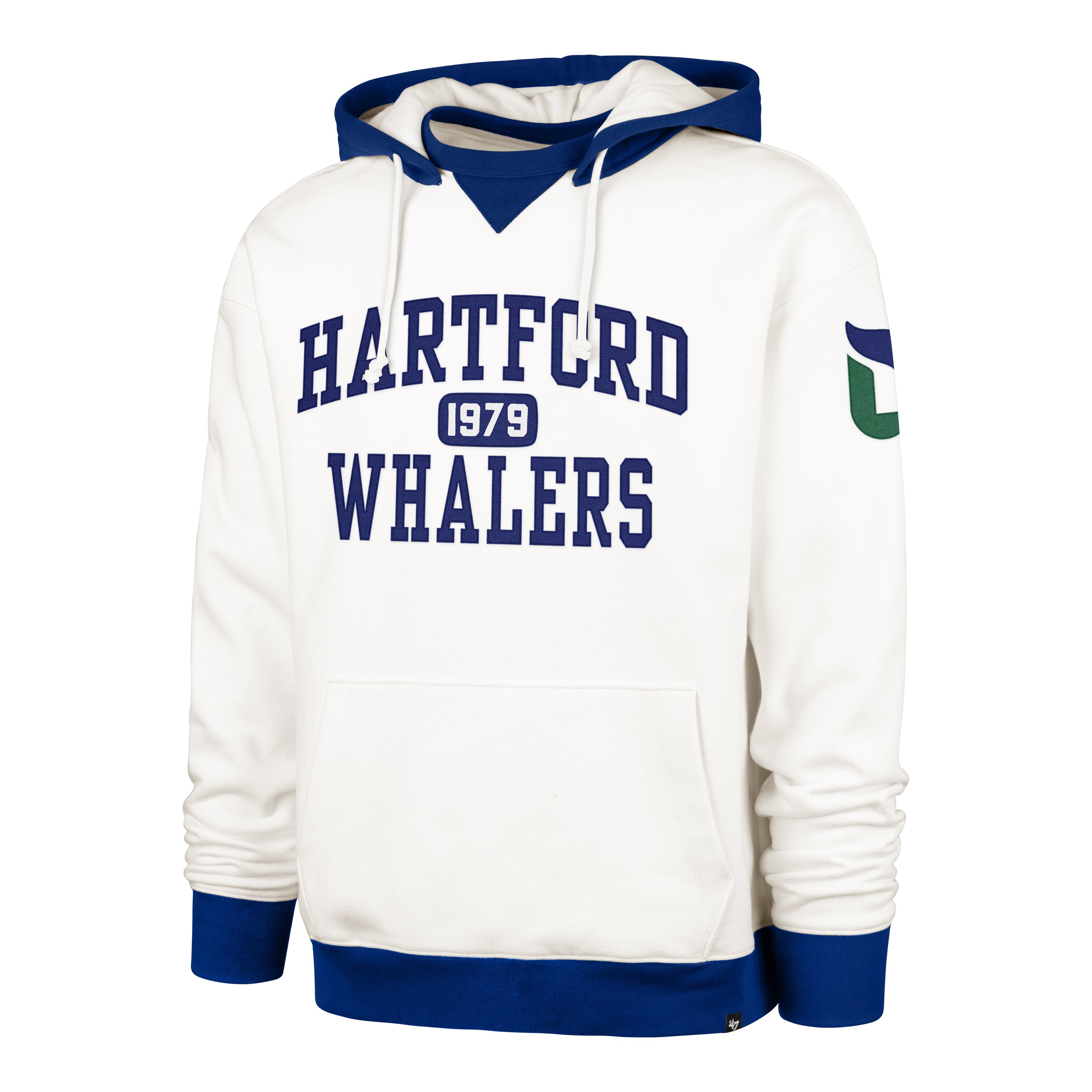 Front: White hoodie with blue trim, "HARTFORD WHALERS 1979" in blue across front