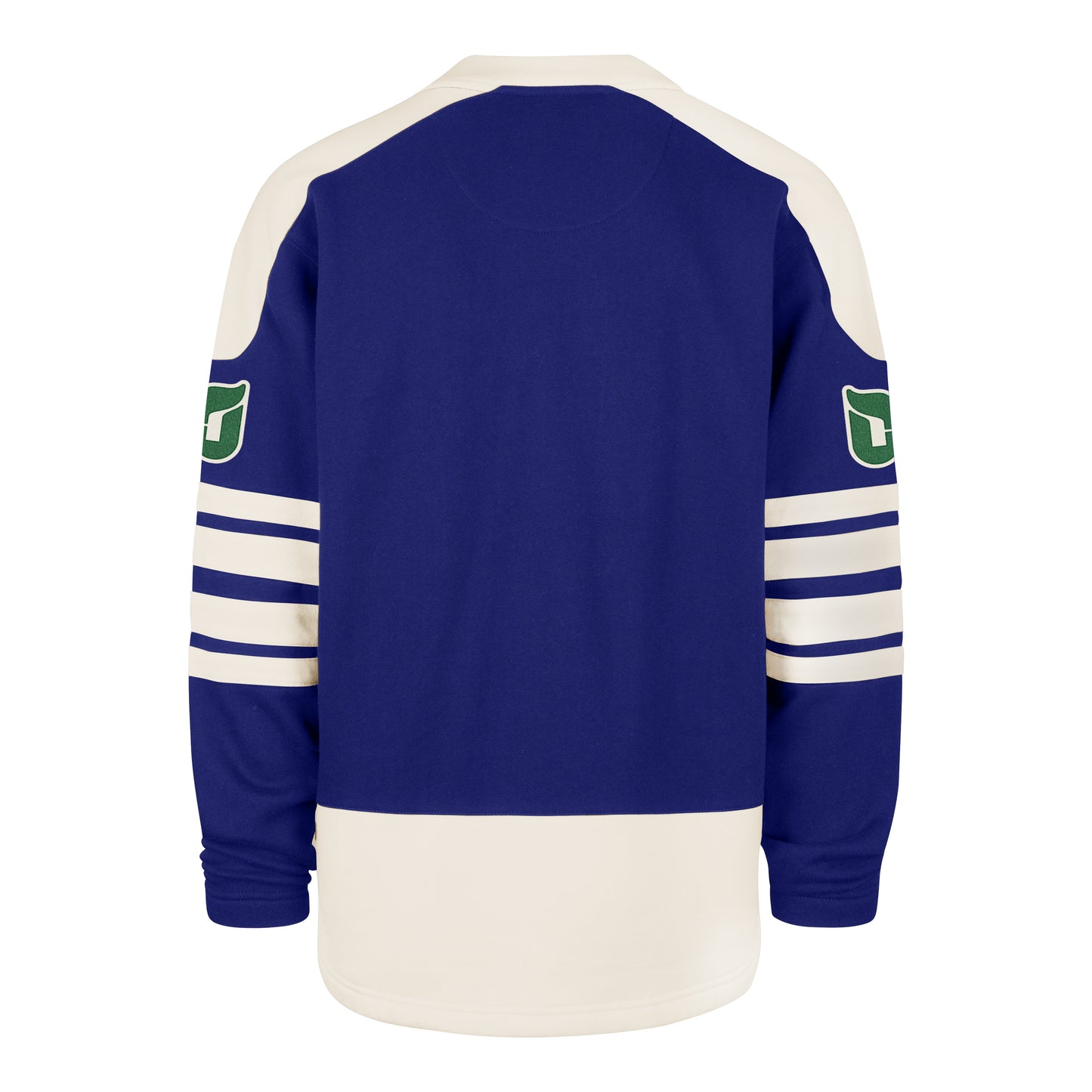 Back: Whalers tail logo on both sleeves between striping