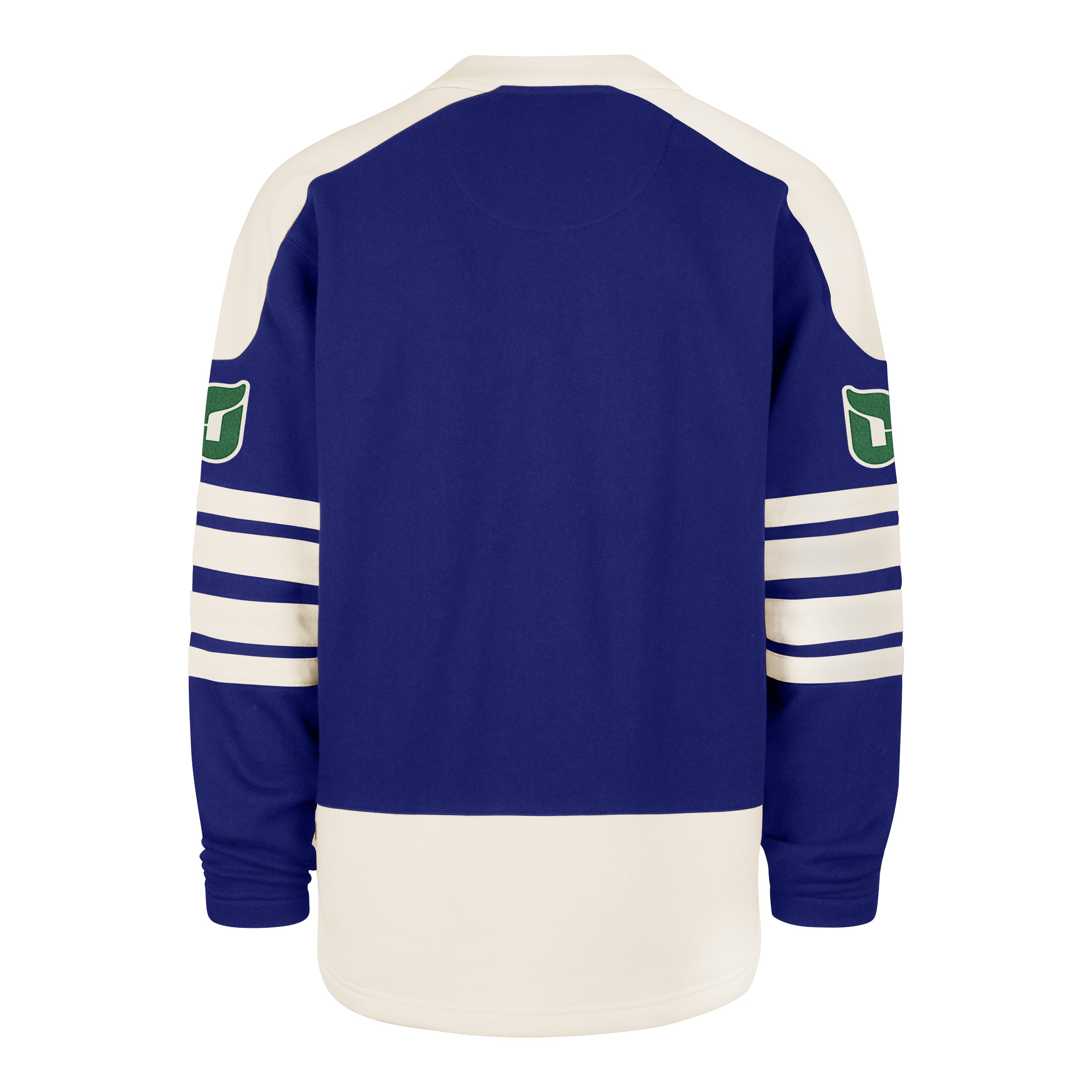 Back: Whalers tail logo on both sleeves between striping