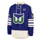 Front: Blue lacer with white trim; Whalers tail logo, "Hartford Whalers" in cursive on front