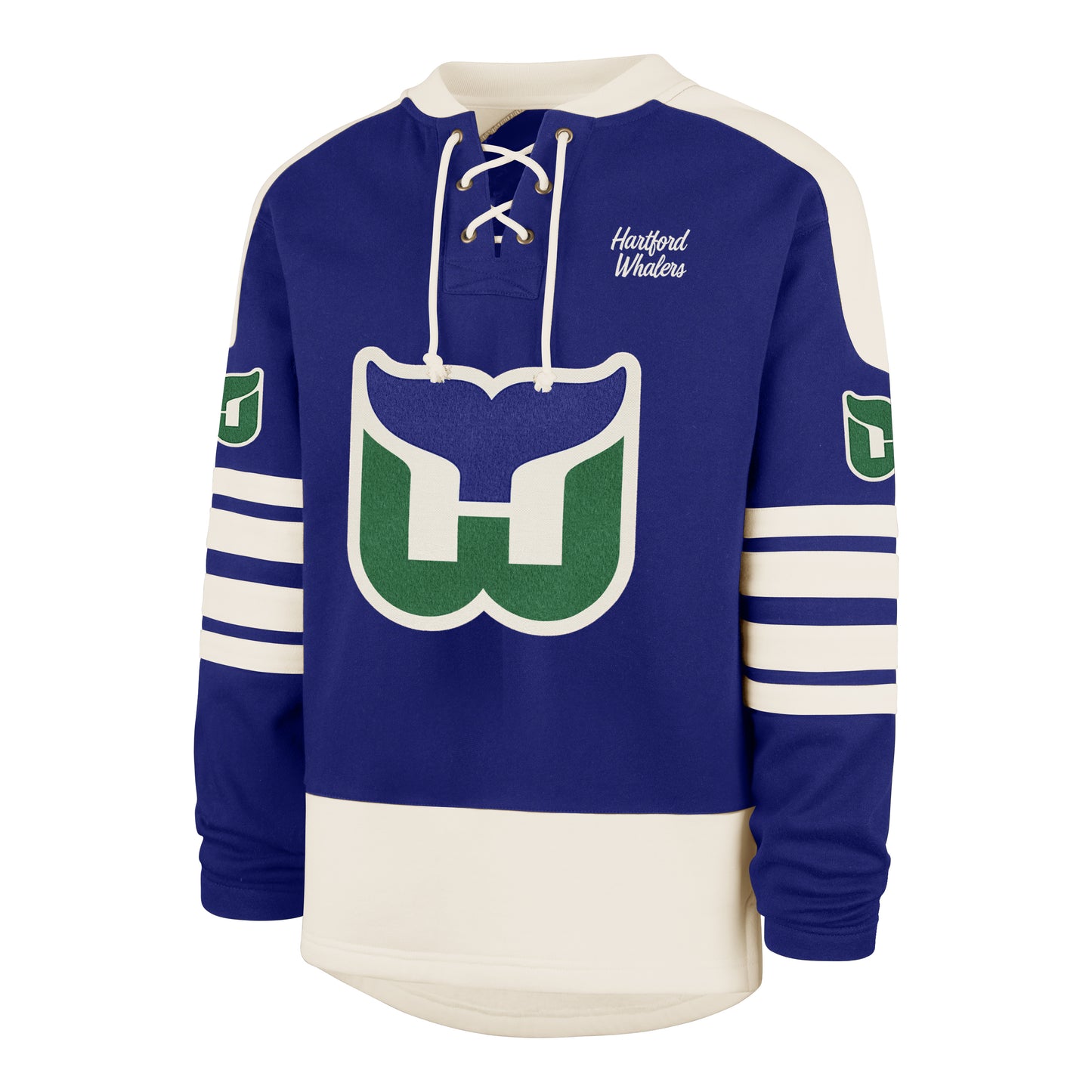 Front: Blue lacer with white trim; Whalers tail logo, "Hartford Whalers" in cursive on front