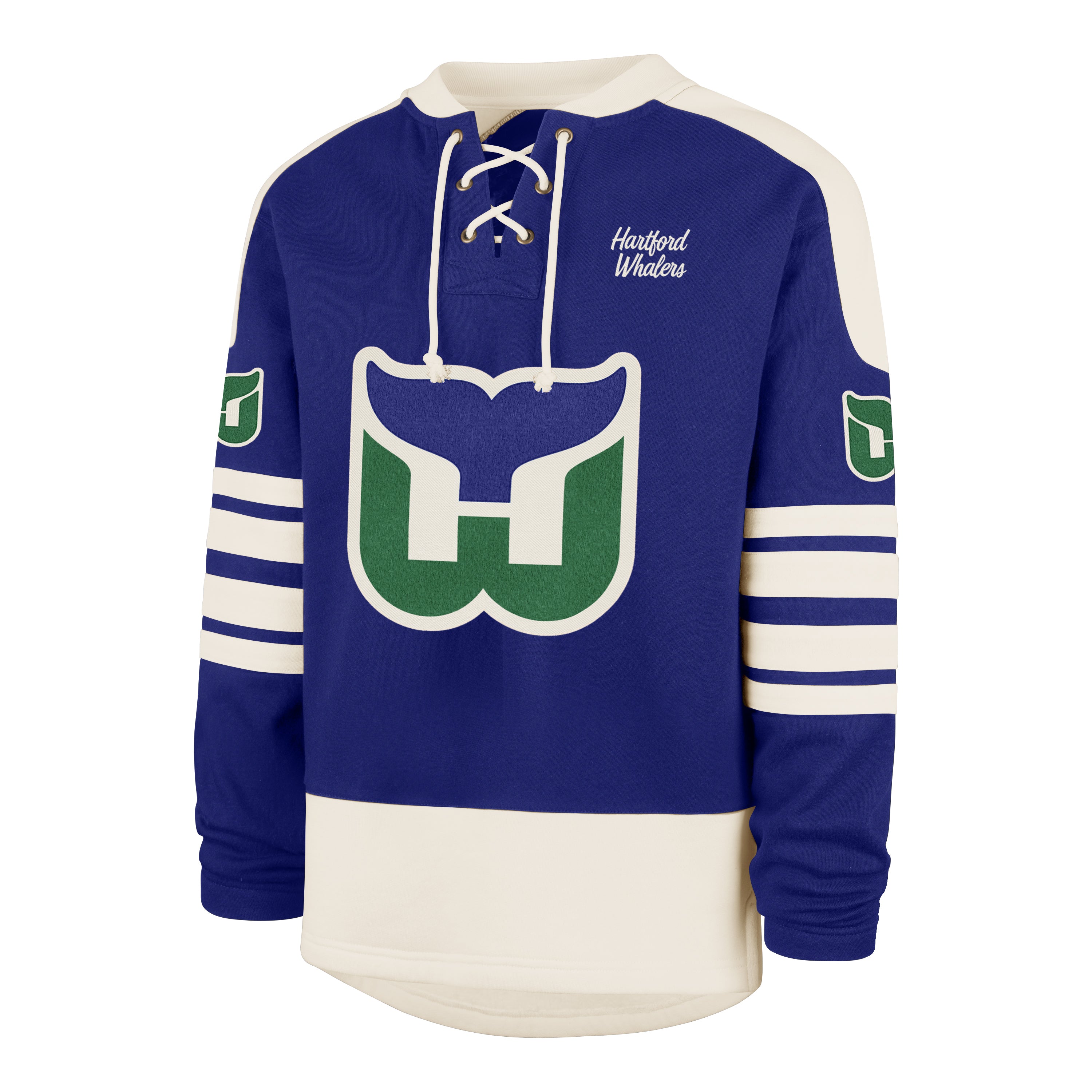 Front: Blue lacer with white trim; Whalers tail logo, "Hartford Whalers" in cursive on front