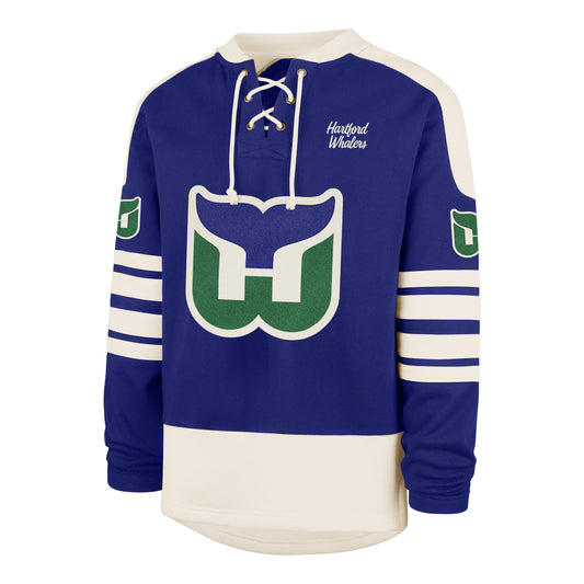 Front: Blue lacer with white trim; Whalers tail logo, "Hartford Whalers" in cursive on front