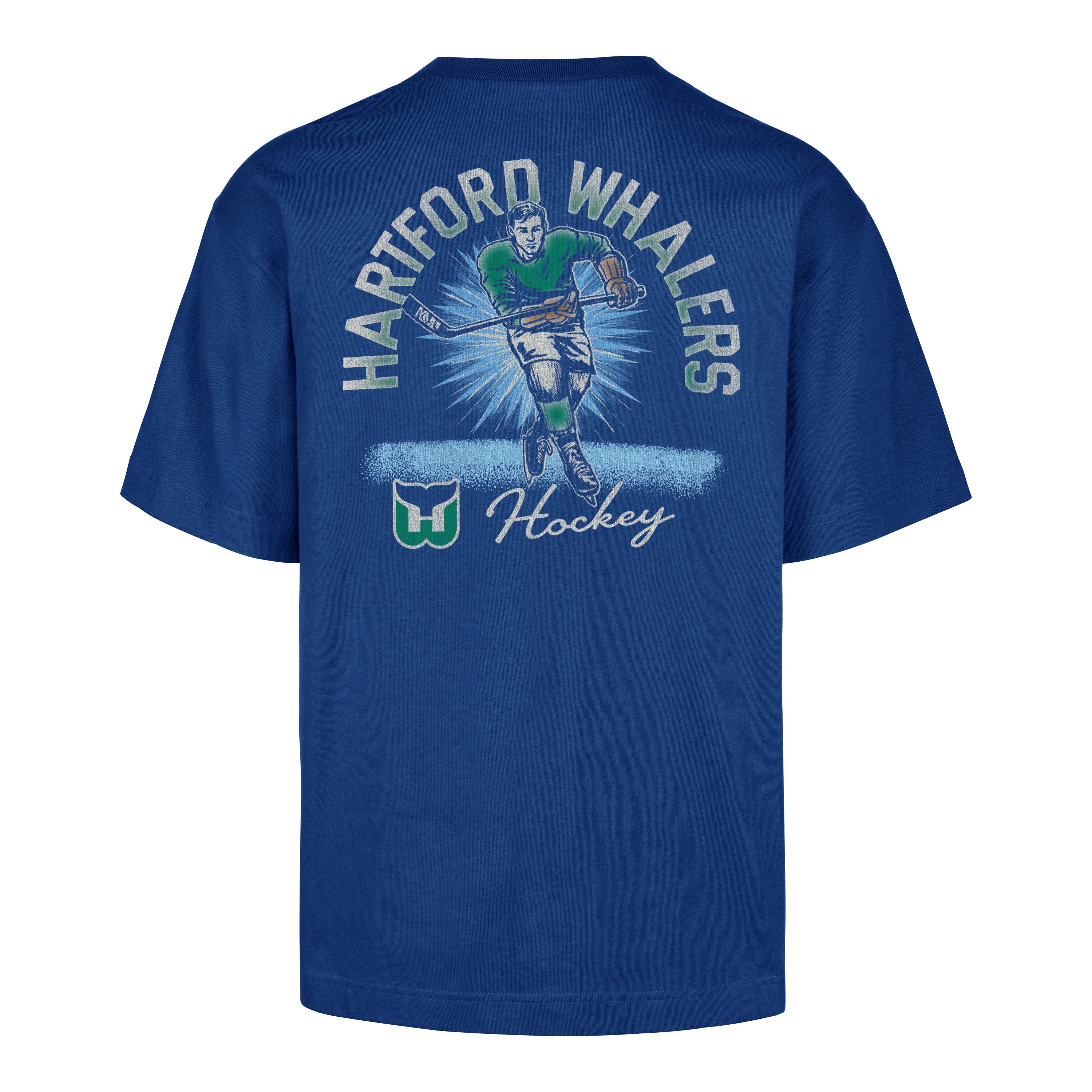 Back: Royal blue tee, "HARTFORD WHALERS" arched around old-school hockey player