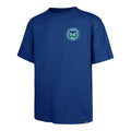 Front: Royal blue tee, Whalers tail logo on left chest over light blue backdrop