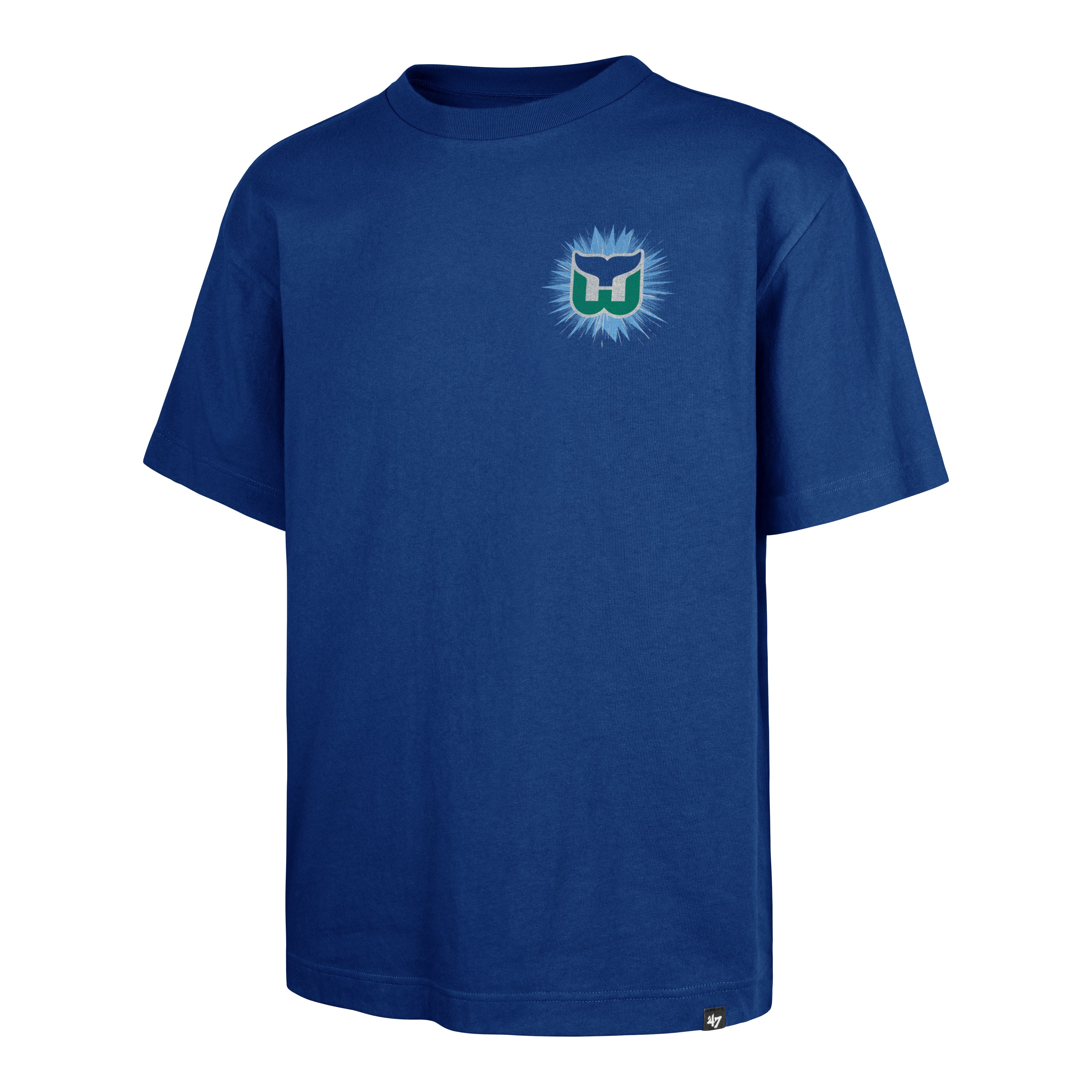 Front: Royal blue tee, Whalers tail logo on left chest over light blue backdrop