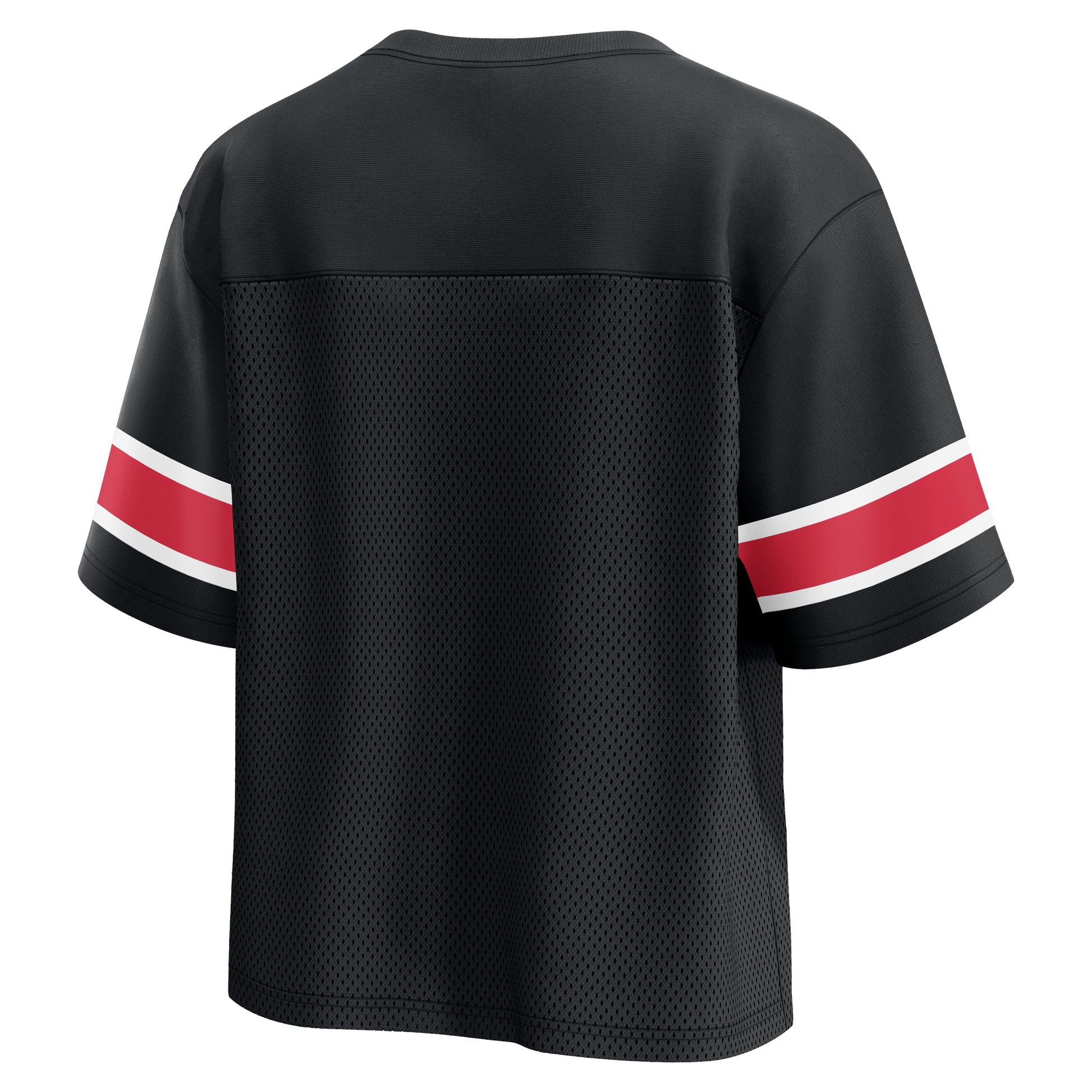 Back: Black mesh top with red and white stripes on sleeves